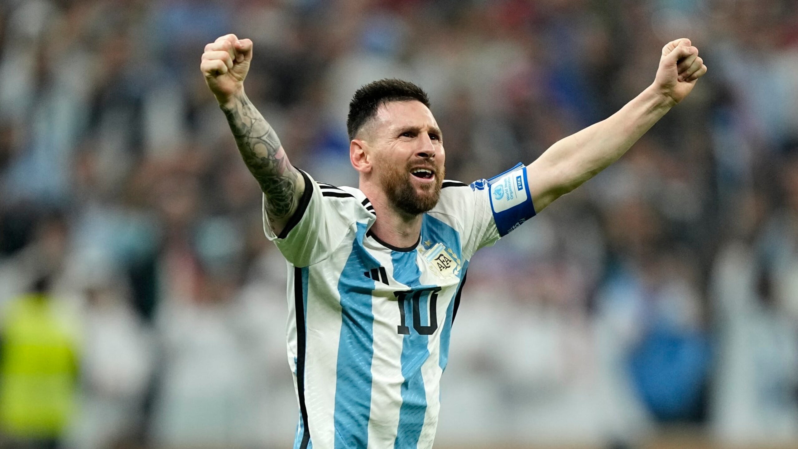 Argentina's Lionel Messi celebrates during the World Cup final soccer match between Argentina and France at the Lusail Stadium in Lusail, Qatar, Sunday, Dec. 18, 2022. (AP Photo/Martin Meissner)
