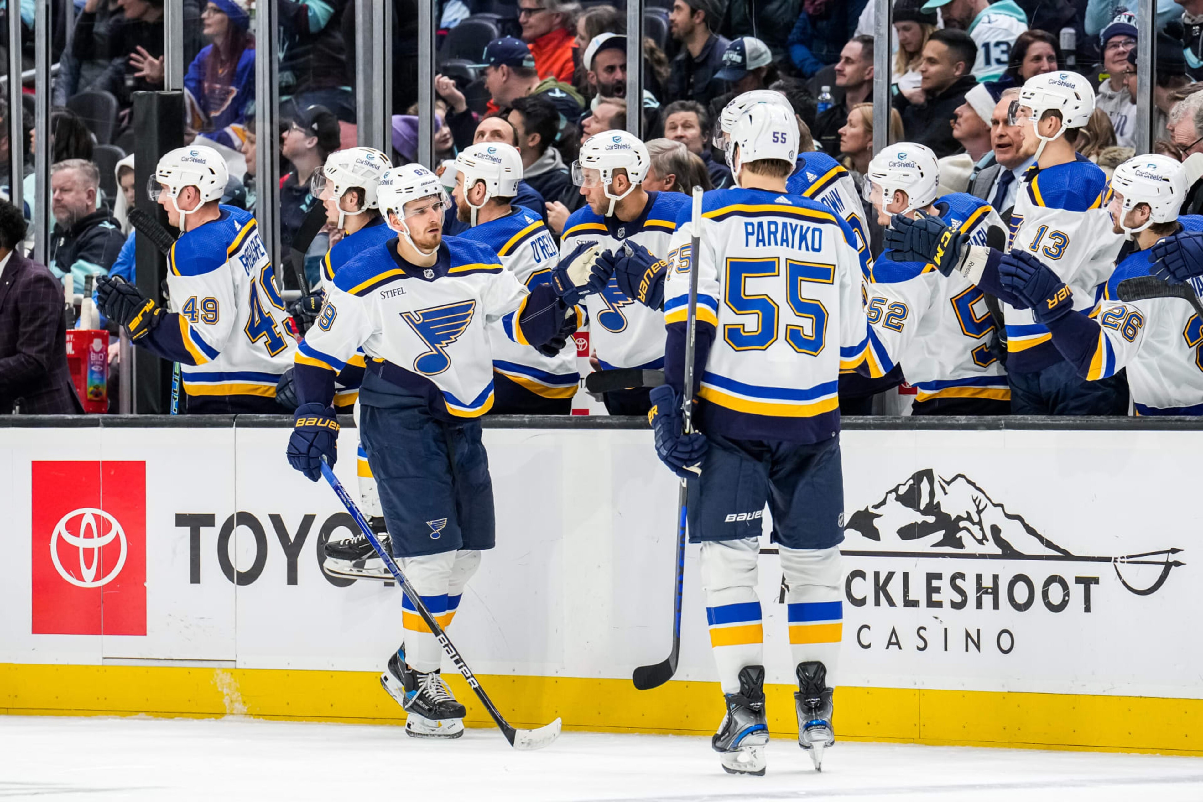 SEATTLE, WASHINGTON - DECEMBER 20:Pavel Buchnevich #89 of the St. Louis Blues celebrates his goal with the bench during the third period of a game against the Seattle Kraken at Climate Pledge Arena on December 20, 2022 in Seattle, Washington. (Photo by Christopher Mast/NHLI via Getty Images) SEATTLE, WASHINGTON - DECEMBER 20:Pavel Buchnevich #89 of the St. Louis Blues celebrates his goal with the bench during the third period of a game against the Seattle Kraken at Climate Pledge Arena on December 20, 2022 in Seattle, Washington. (Photo by Christopher Mast/NHLI via Getty Images)