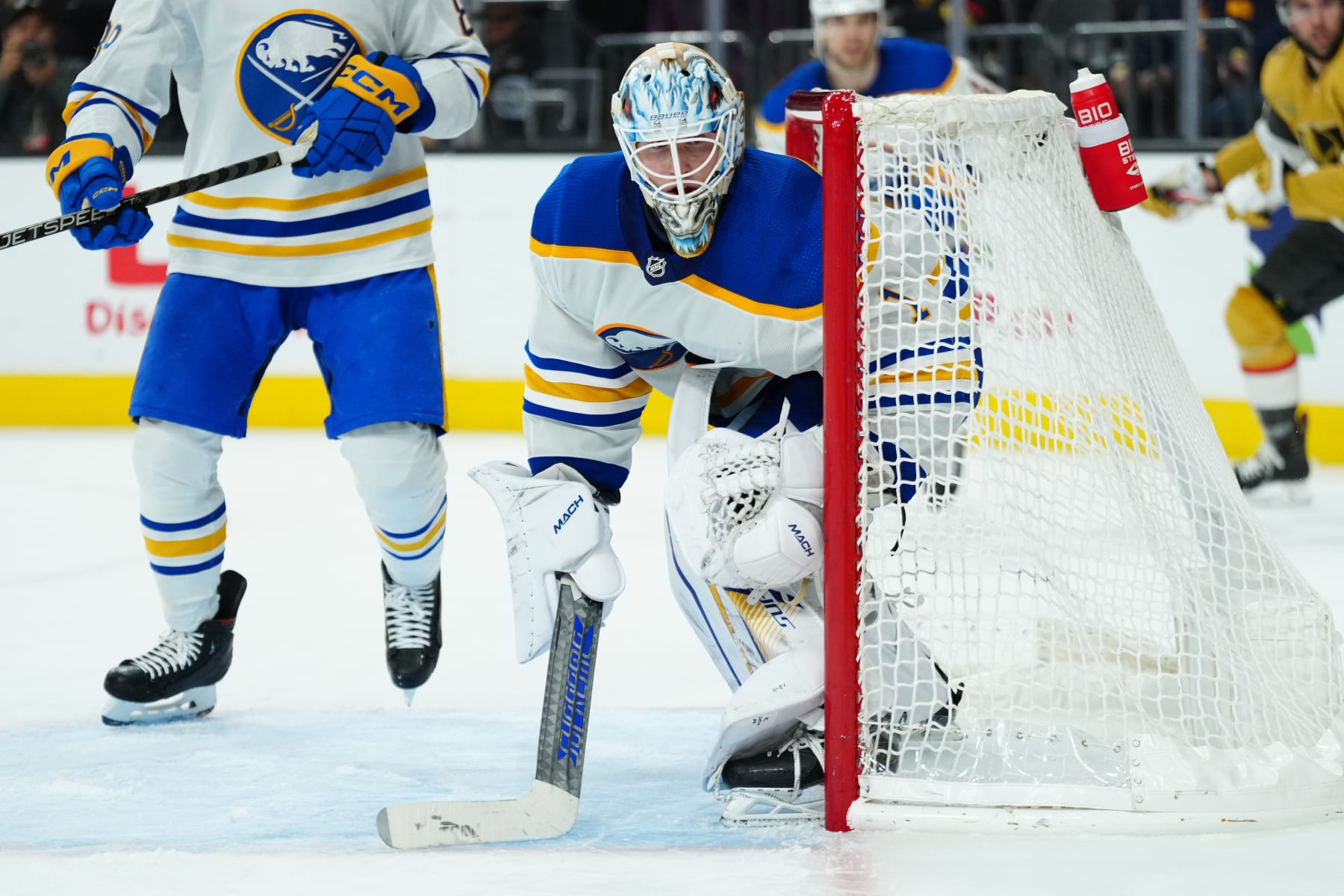 LAS VEGAS, NEVADA - DECEMBER 19: Ukko-Pekka Luukkonen #1 of the Buffalo Sabres is seen during the third period against the Vegas Golden Knights at T-Mobile Arena on December 19, 2022 in Las Vegas, Nevada. (Photo by Jeff Bottari/NHLI via Getty Images)