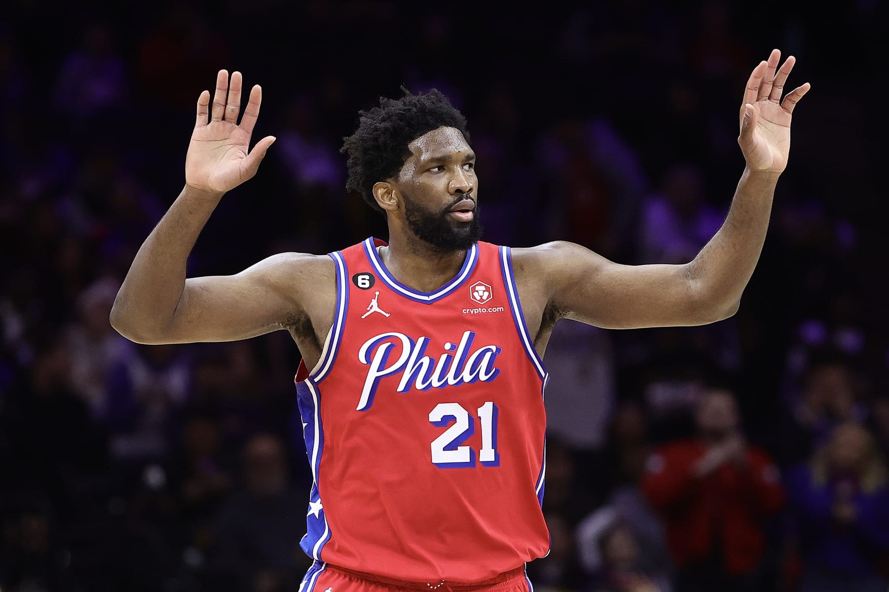 PHILADELPHIA, PENNSYLVANIA - DECEMBER 16: Joel Embiid #21 of the Philadelphia 76ers reacts during the fourth quarter against the Golden State Warriors at Wells Fargo Center on December 16, 2022 in Philadelphia, Pennsylvania. NOTE TO USER: User expressly acknowledges and agrees that, by downloading and or using this photograph, User is consenting to the terms and conditions of the Getty Images License Agreement. (Photo by Tim Nwachukwu/Getty Images)