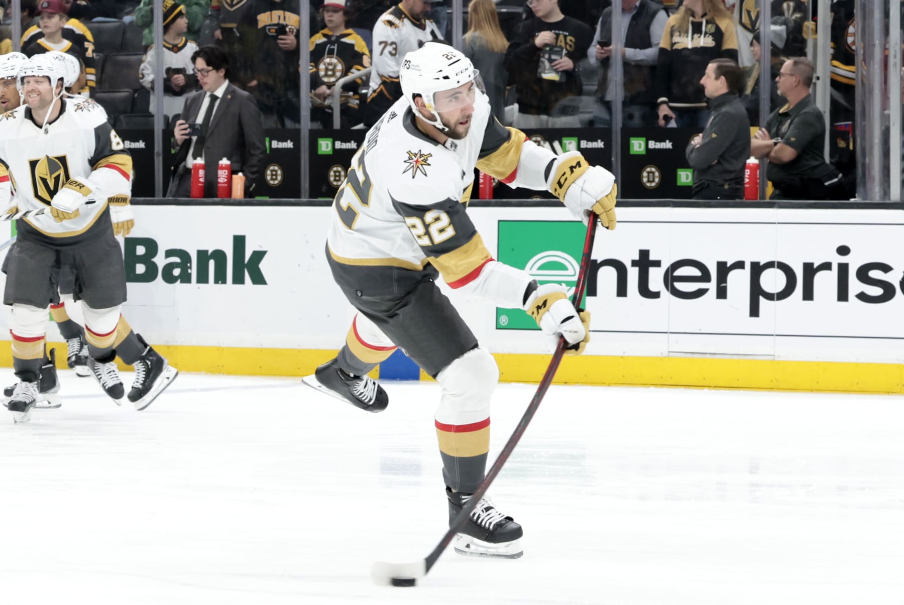 BOSTON, MA - DECEMBER 05: Vegas Golden Knights center Michael Amadio (22) shoots in warm up before a game between the Boston Bruins and the Vegas Golden Knights on December 5, 2022, at TD Garden in Boston, Massachusetts. (Photo by Fred Kfoury III/Icon Sportswire via Getty Images)