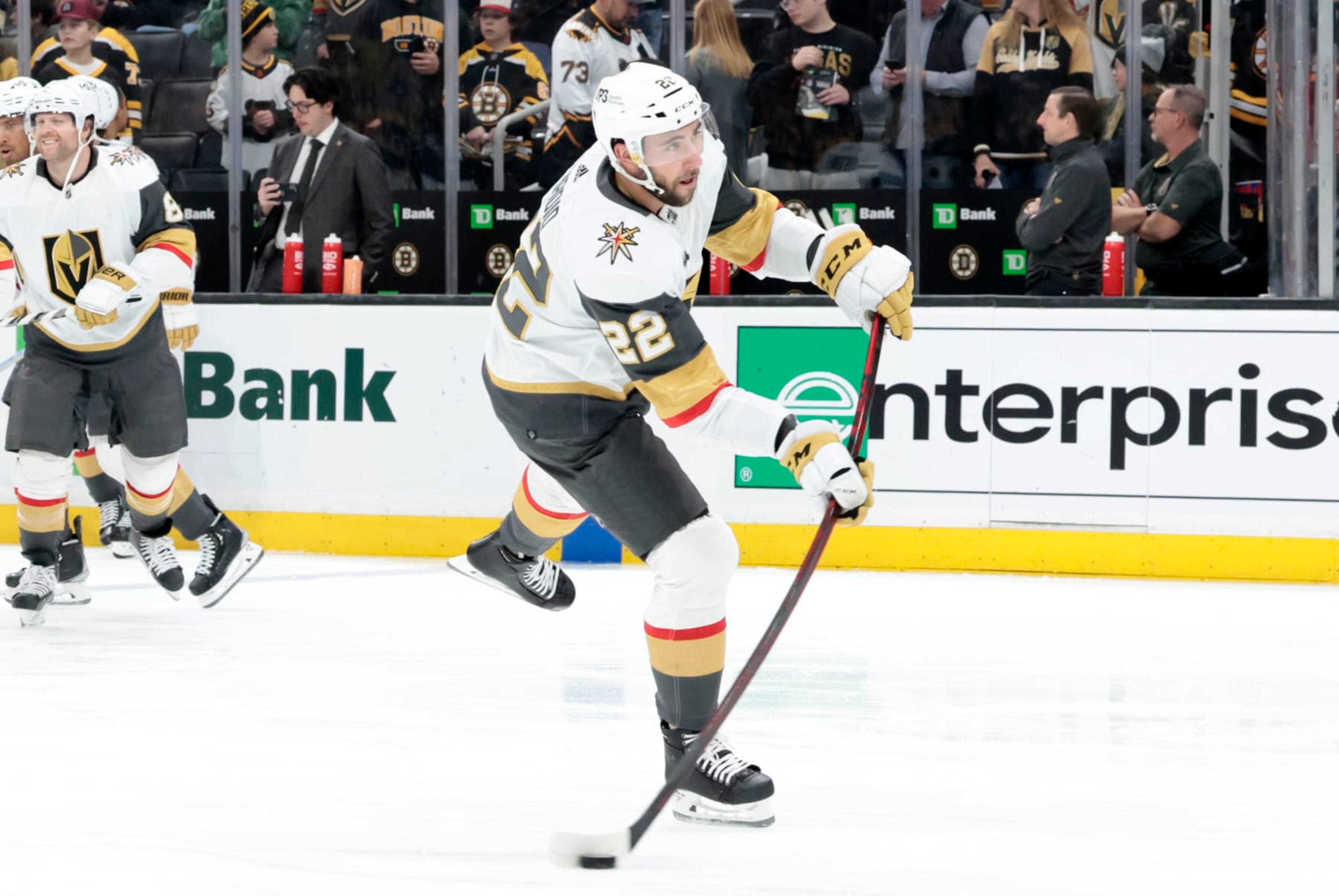 BOSTON, MA - DECEMBER 05: Vegas Golden Knights center Michael Amadio (22) shoots in warm up before a game between the Boston Bruins and the Vegas Golden Knights on December 5, 2022, at TD Garden in Boston, Massachusetts. (Photo by Fred Kfoury III/Icon Sportswire via Getty Images) BOSTON, MA - DECEMBER 05: Vegas Golden Knights center Michael Amadio (22) shoots in warm up before a game between the Boston Bruins and the Vegas Golden Knights on December 5, 2022, at TD Garden in Boston, Massachusetts. (Photo by Fred Kfoury III/Icon Sportswire via Getty Images)