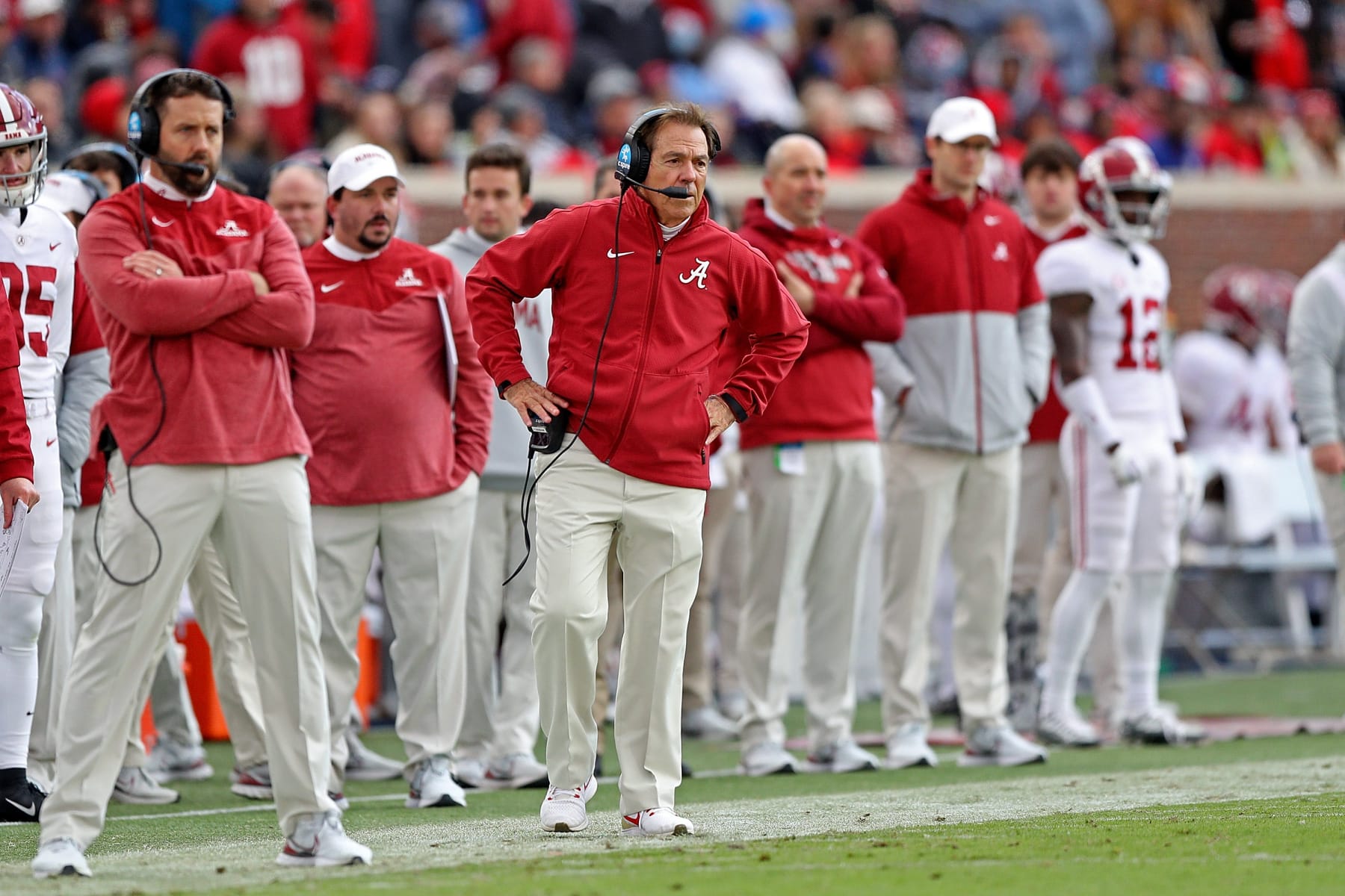 OXFORD, MISSISSIPPI - NOVEMBER 12: head coach Nick Saban of the Alabama Crimson Tide  during the game against the Mississippi Rebels at Vaught-Hemingway Stadium on November 12, 2022 in Oxford, Mississippi. (Photo by Justin Ford/Getty Images)