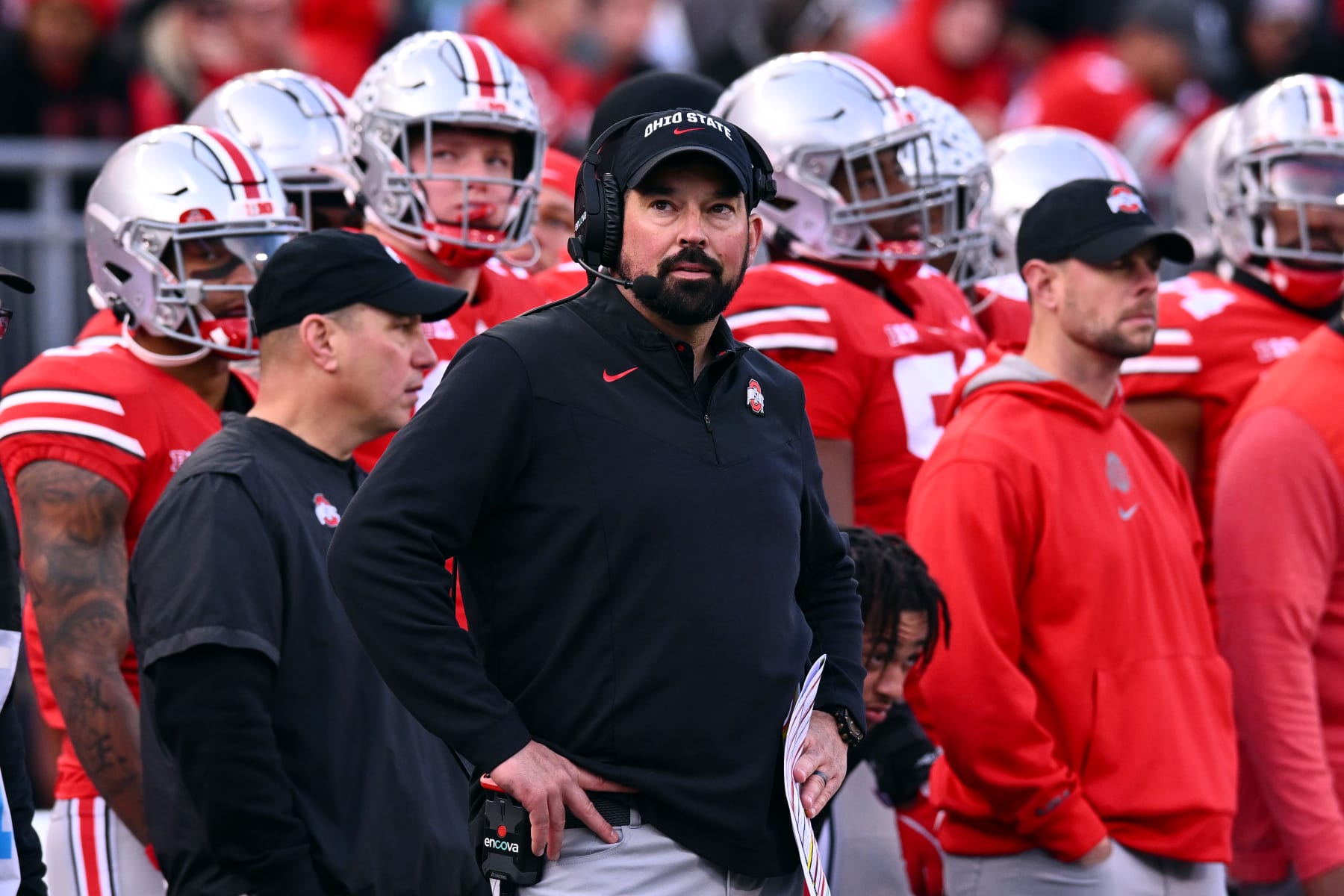 COLUMBUS, OHIO - NOVEMBER 26: Head coach Ryan Day of the Ohio State Buckeyes watches a replay during the fourth quarter of a game against the Michigan Wolverines at Ohio Stadium on November 26, 2022 in Columbus, Ohio. (Photo by Ben Jackson/Getty Images)