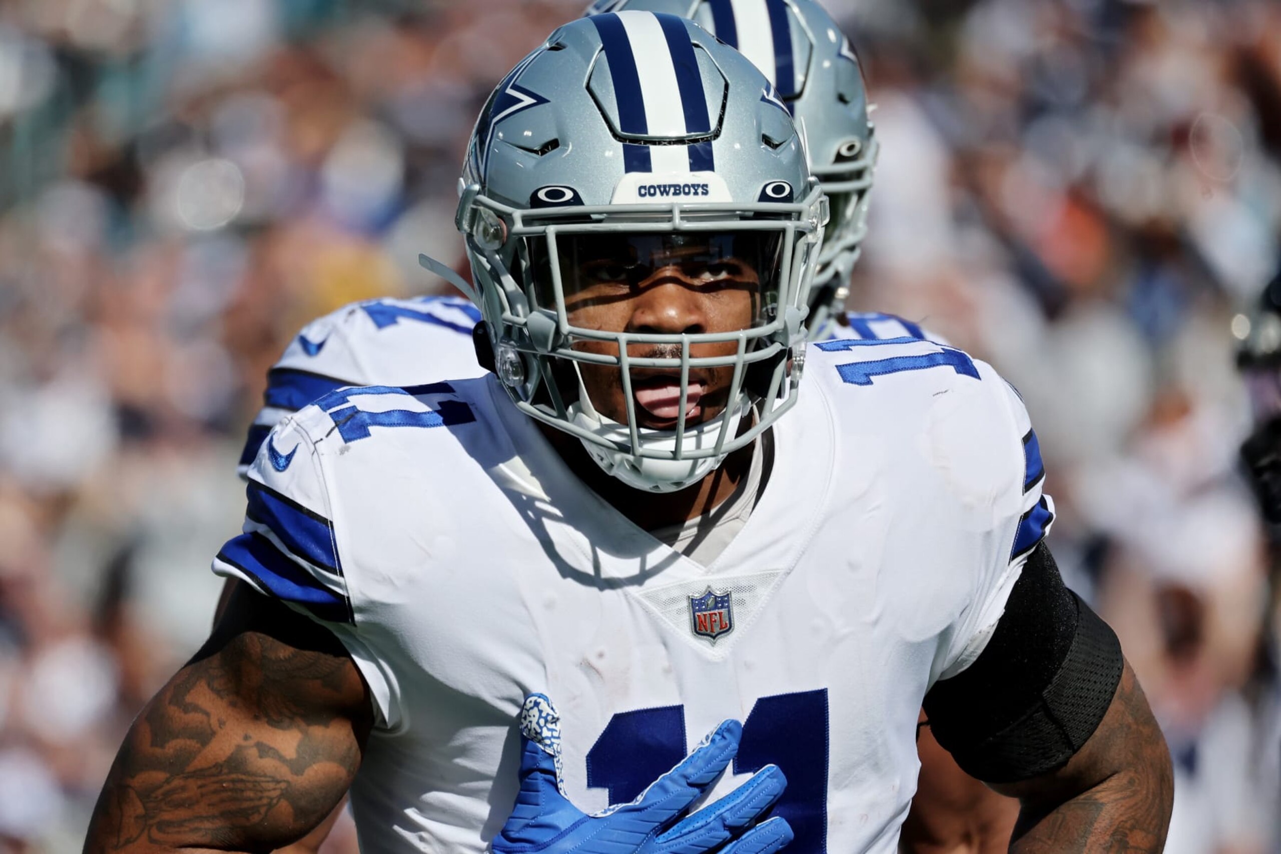 JACKSONVILLE, FLORIDA - DECEMBER 18: Micah Parsons #11 of the Dallas Cowboys celebrates after a play against the Jacksonville Jaguars during the first half of the game at TIAA Bank Field on December 18, 2022 in Jacksonville, Florida. (Photo by Mike Carlson/Getty Images)