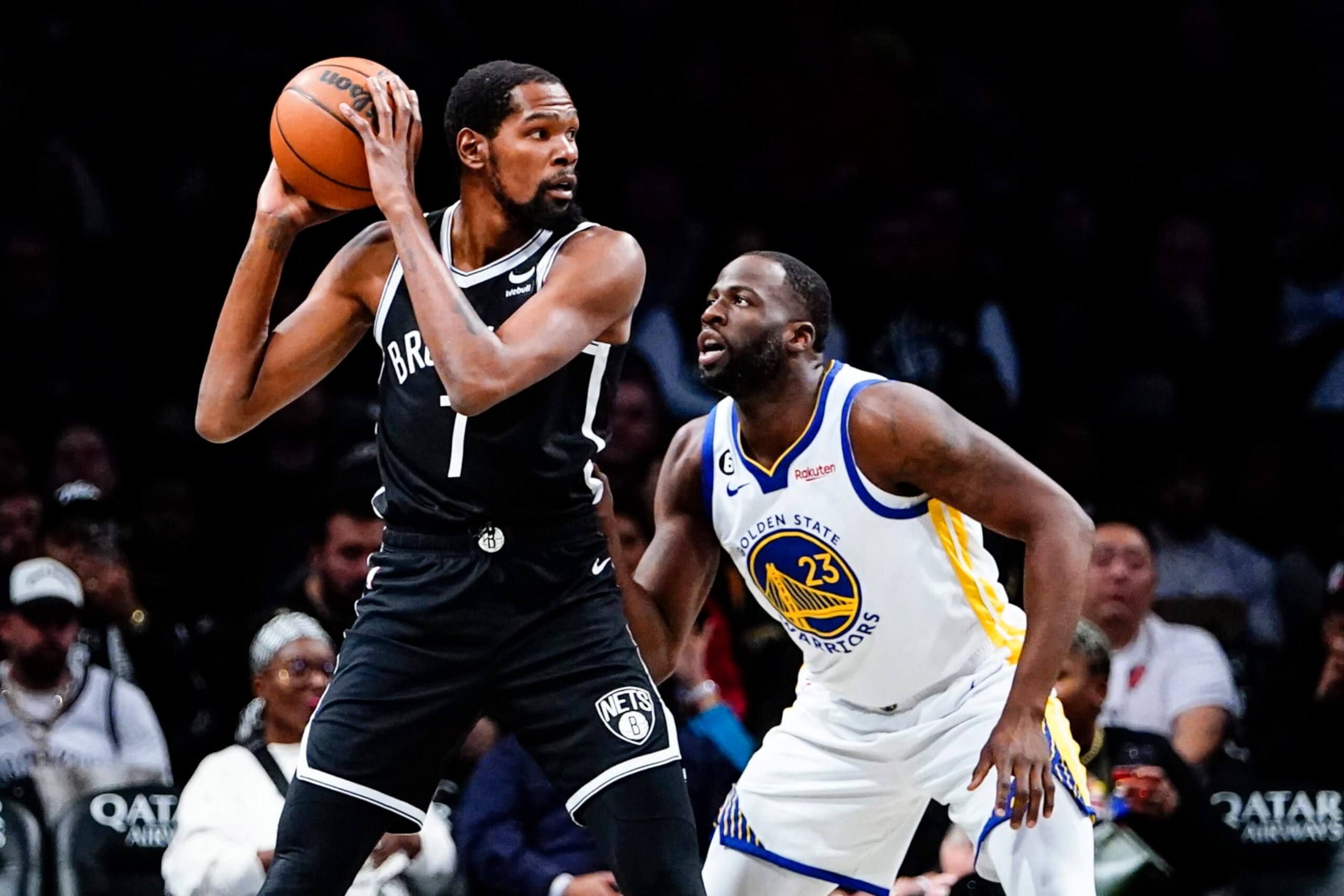 Golden State Warriors' James Wiseman (33) defends Brooklyn Nets' Kevin Durant (7) during the first half of an NBA basketball game Wednesday, Dec. 21, 2022 in New York. (AP Photo/Frank Franklin II) Golden State Warriors' James Wiseman (33) defends Brooklyn Nets' Kevin Durant (7) during the first half of an NBA basketball game Wednesday, Dec. 21, 2022 in New York. (AP Photo/Frank Franklin II)