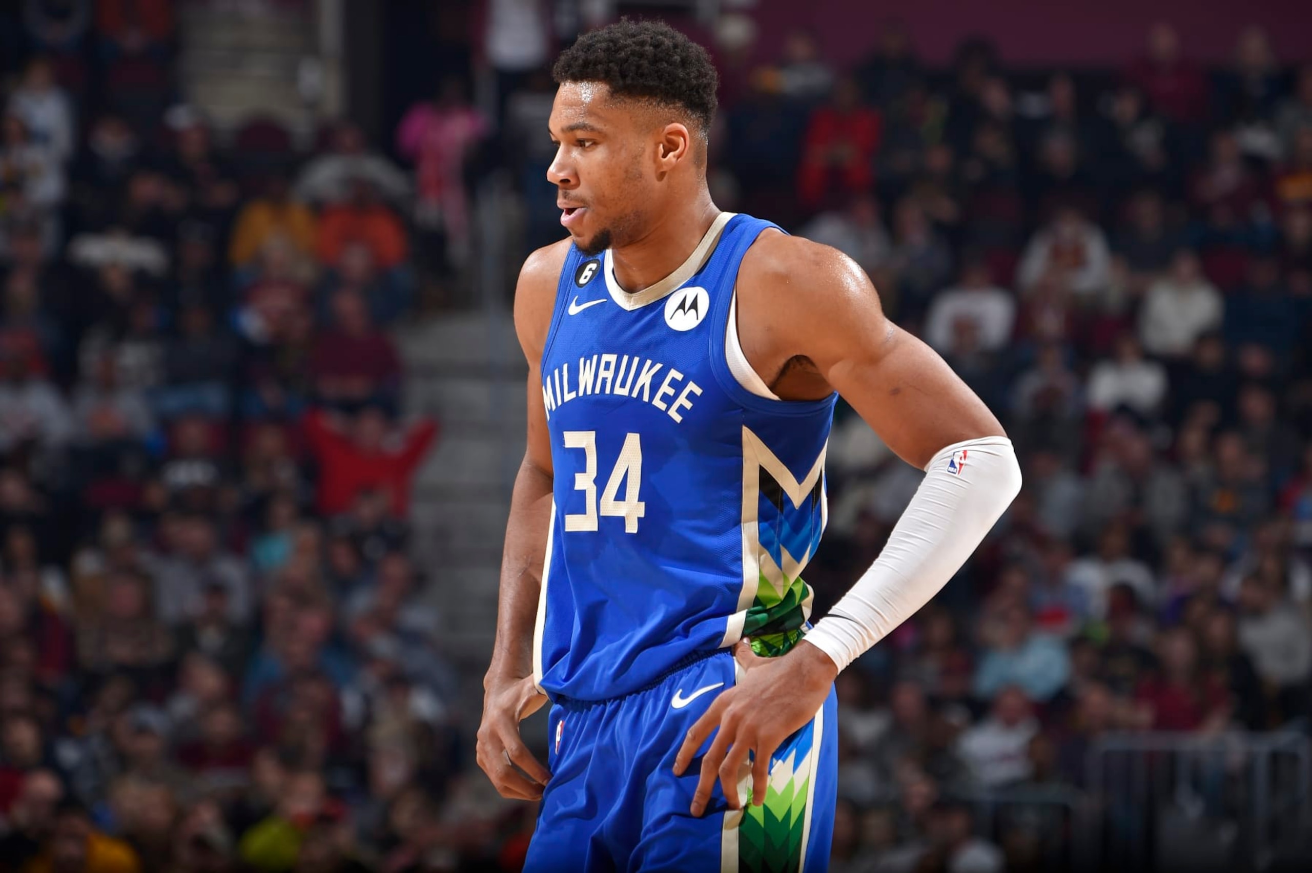 CLEVELAND, OH - DECEMBER 21:  Giannis Antetokounmpo #34 of the Milwaukee Bucks looks on during the game against the Cleveland Cavaliers on December 21, 2022 at Rocket Mortgage FieldHouse in Cleveland, Ohio. NOTE TO USER: User expressly acknowledges and agrees that, by downloading and/or using this Photograph, user is consenting to the terms and conditions of the Getty Images License Agreement. Mandatory Copyright Notice: Copyright 2022 NBAE (Photo by David Liam Kyle/NBAE via Getty Images)