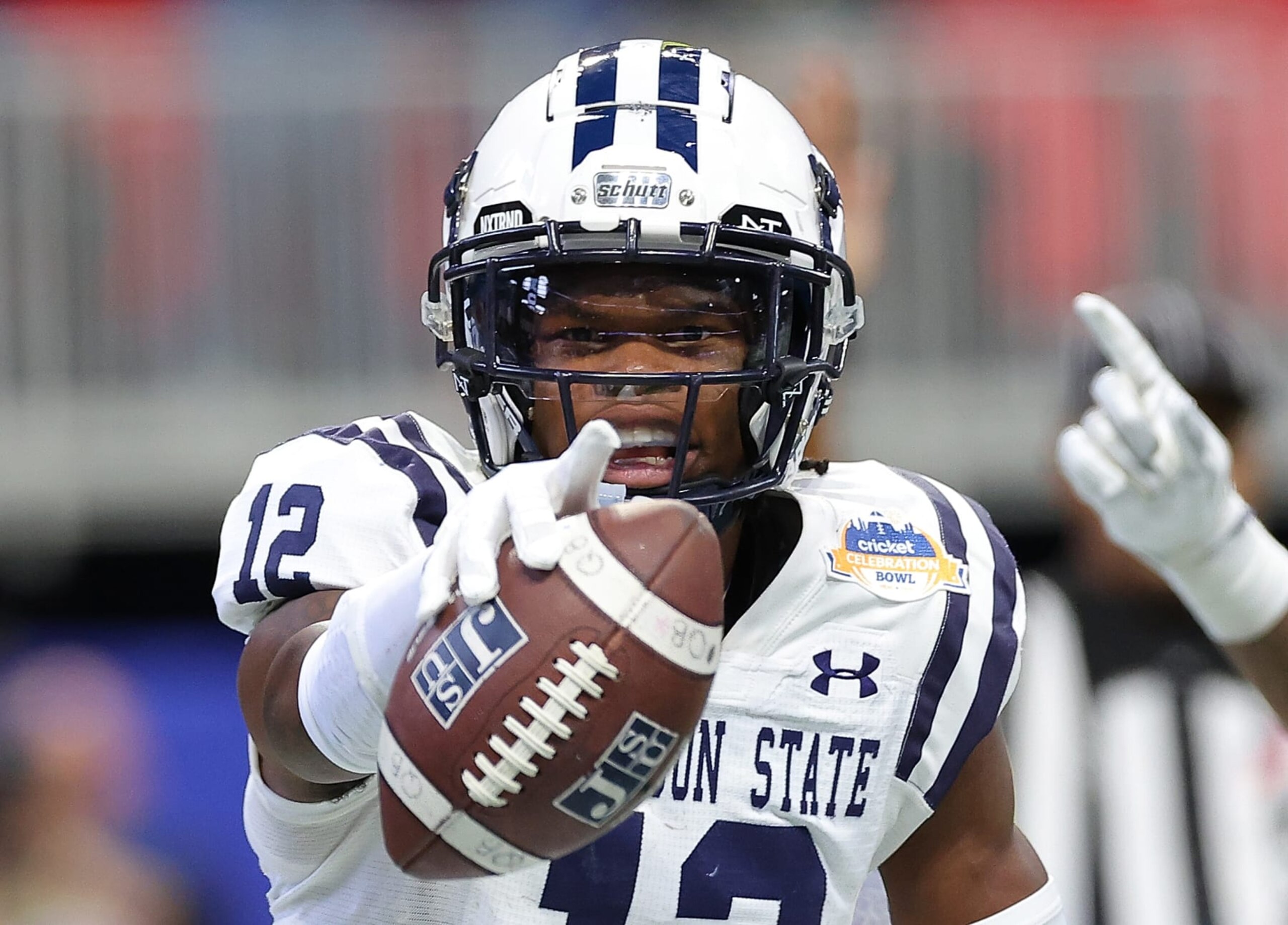 ATLANTA, GEORGIA - DECEMBER 17:  Travis Hunter #12 of the Jackson State Tigers reacts after pulling in a touchdown reception against the North Carolina Central Eagles during the second half of the Cricket Celebration Bowl at Mercedes-Benz Stadium on December 17, 2022 in Atlanta, Georgia. (Photo by Kevin C. Cox/Getty Images)