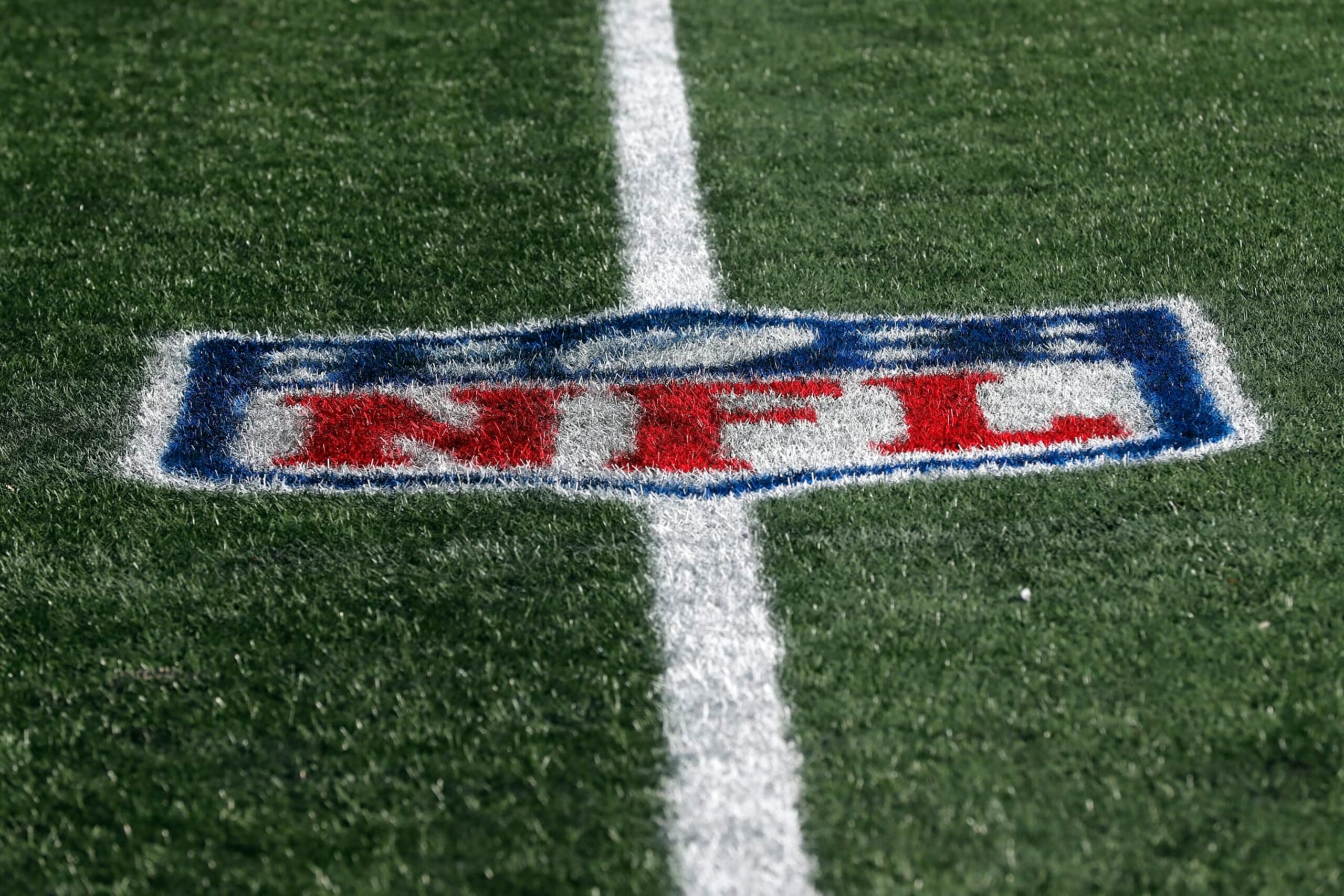 NFL Football logo on the field before a game between the New England Patriots and the New York Jets, Sunday, Nov. 20, 2022, in Foxborough, Mass. (AP Photo/Michael Dwyer)