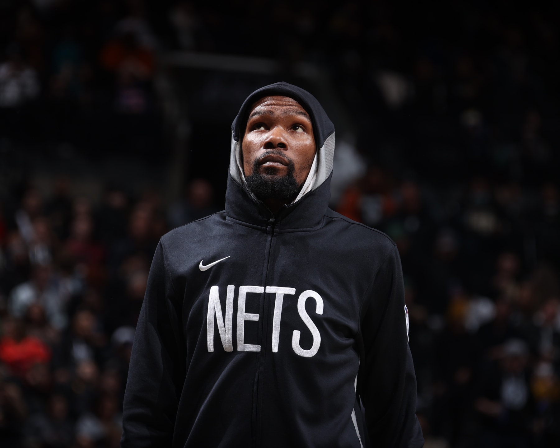 BROOKLYN, NY - DECEMBER 21: Kevin Durant #7 of the Brooklyn Nets looks on before the game against the Golden State Warriors on December 21, 2022 at Barclays Center in Brooklyn, New York. NOTE TO USER: User expressly acknowledges and agrees that, by downloading and or using this Photograph, user is consenting to the terms and conditions of the Getty Images License Agreement. Mandatory Copyright Notice: Copyright 2022 NBAE (Photo by Nathaniel S. Butler/NBAE via Getty Images)