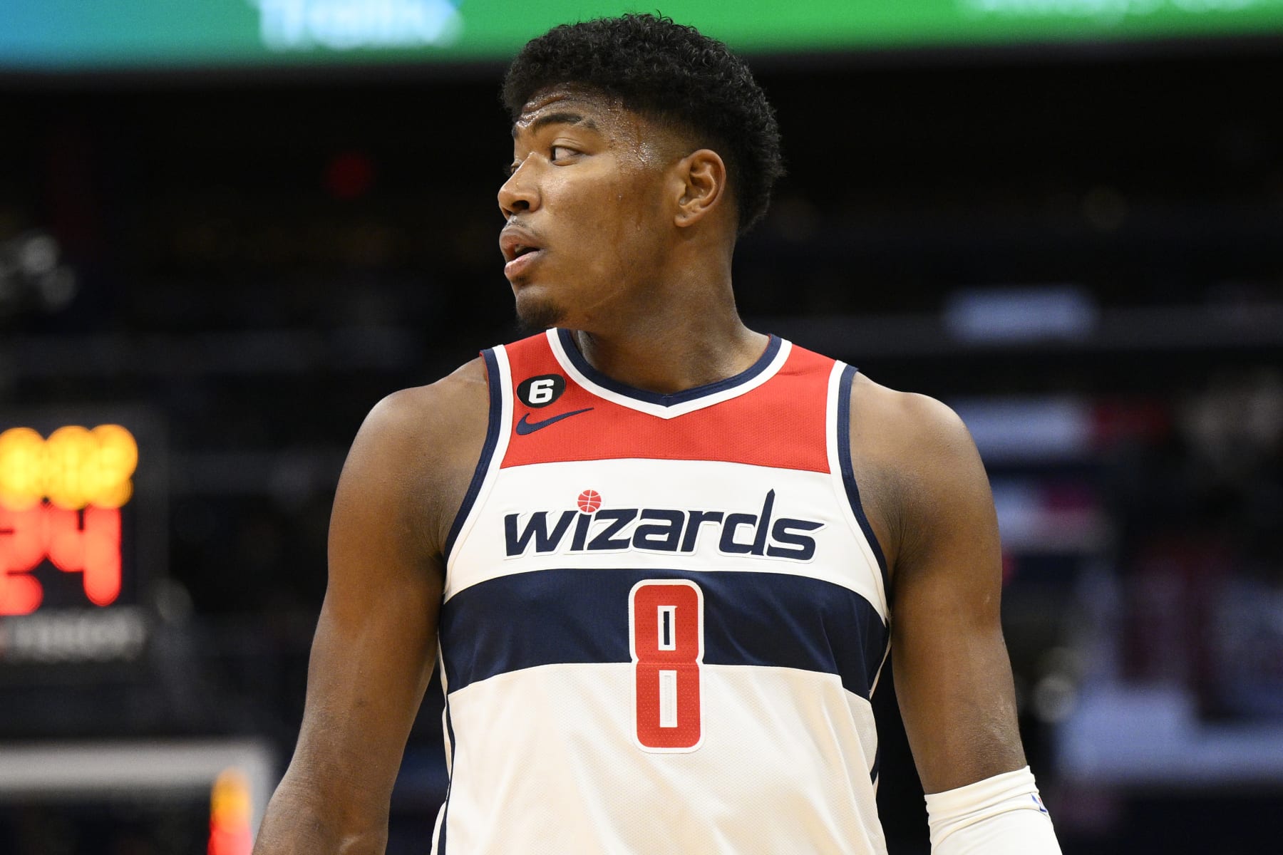 Washington Wizards forward Rui Hachimura (8) looks on during the first half of an NBA basketball game against the Oklahoma City Thunder, Wednesday, Nov. 16, 2022, in Washington. (AP Photo/Nick Wass)