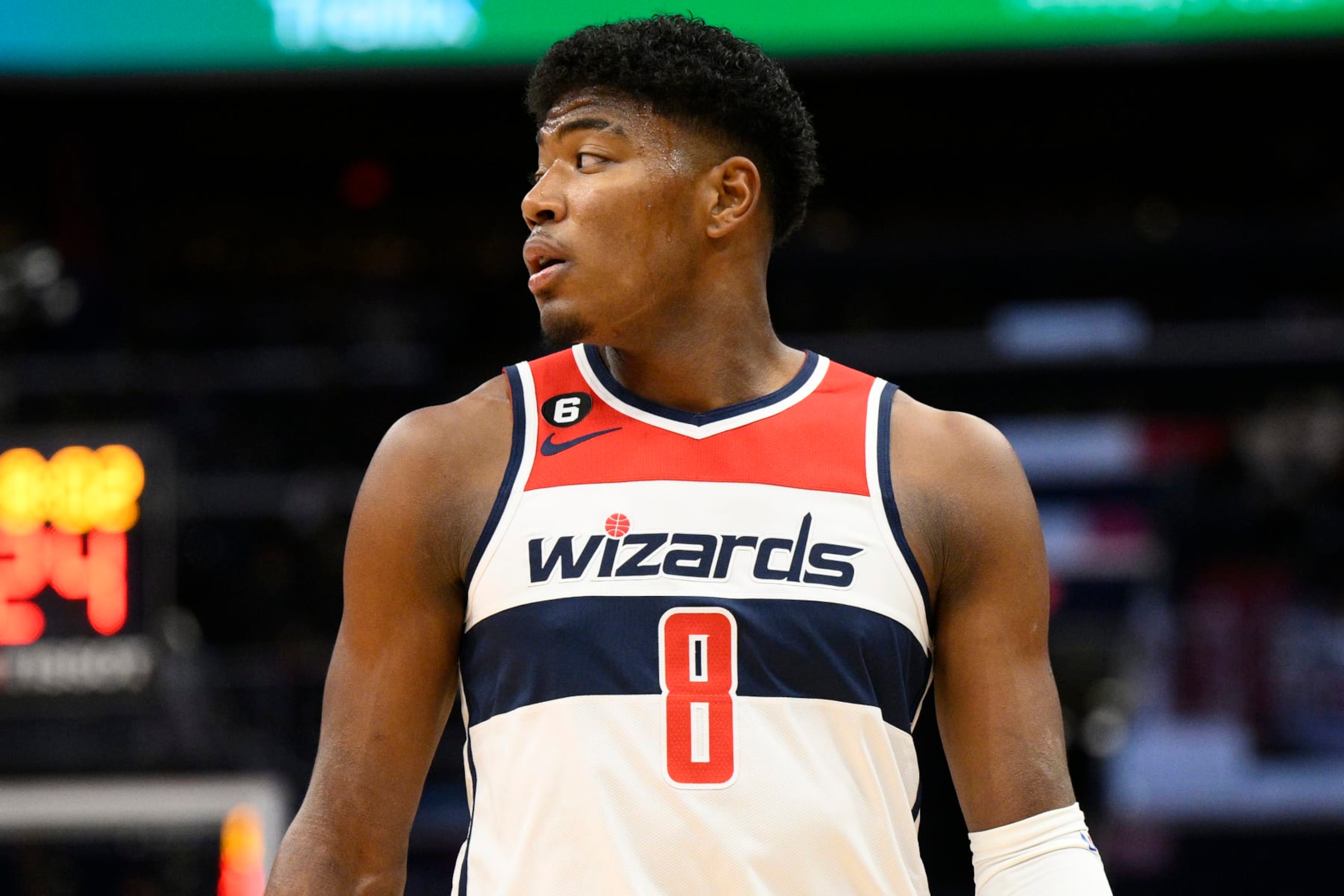 Washington Wizards forward Rui Hachimura (8) looks on during the first half of an NBA basketball game against the Oklahoma City Thunder, Wednesday, Nov. 16, 2022, in Washington. (AP Photo/Nick Wass)