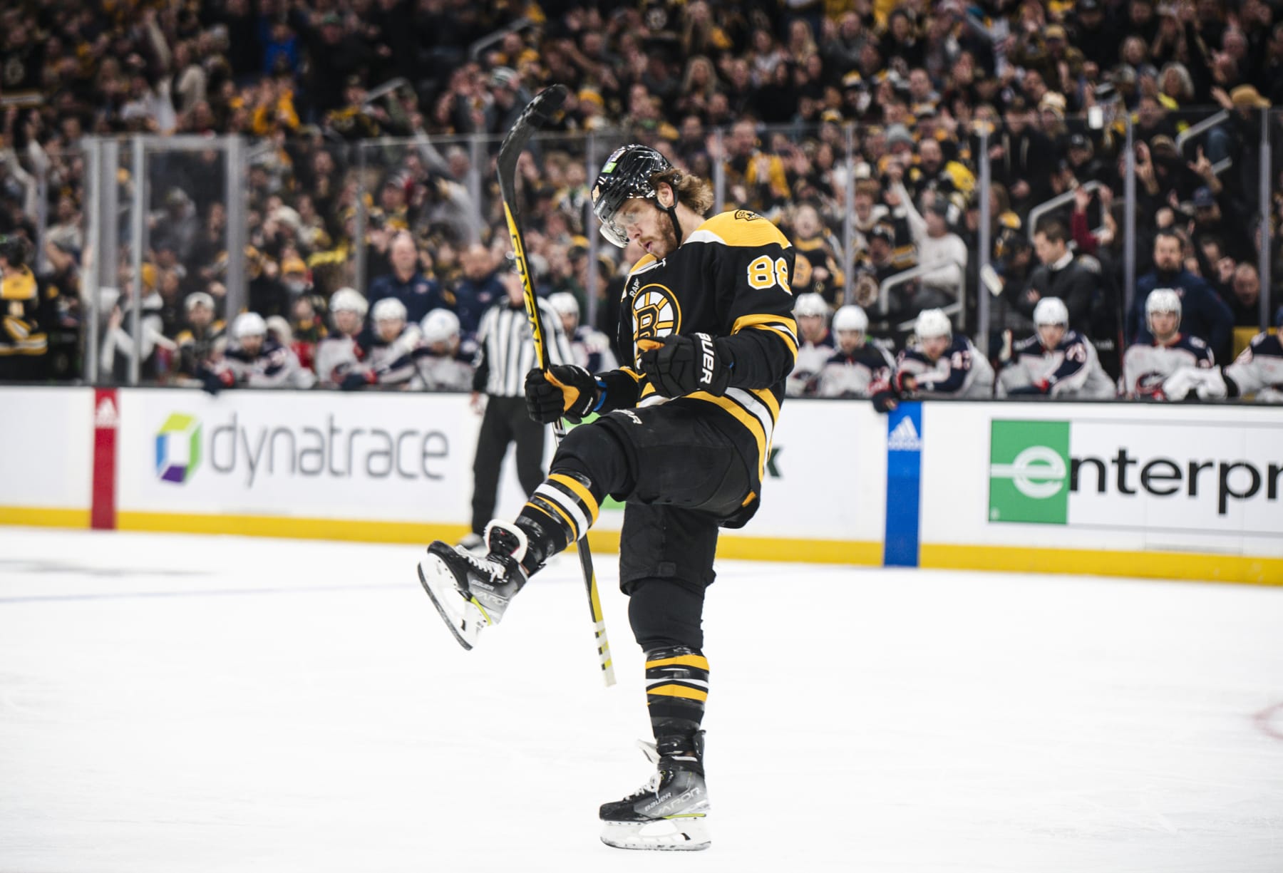 BOSTON, MASSACHUSETTS - DECEMBER 17: David Pastrnak #88 of the Boston Bruins celebrates his first period goal against the Columbus Blue Jackets at TD Garden on December 17, 2022 in Boston, Massachusetts. (Photo by China Wong/NHLI via Getty Images)