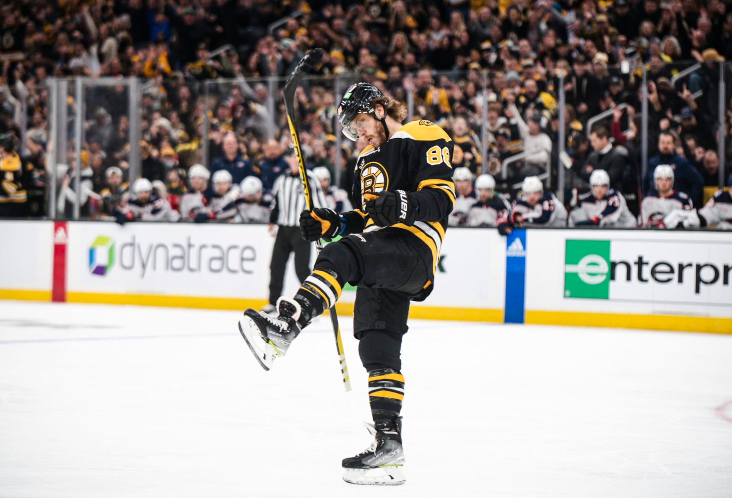BOSTON, MASSACHUSETTS - DECEMBER 17: David Pastrnak #88 of the Boston Bruins celebrates his first period goal against the Columbus Blue Jackets at TD Garden on December 17, 2022 in Boston, Massachusetts. (Photo by China Wong/NHLI via Getty Images)