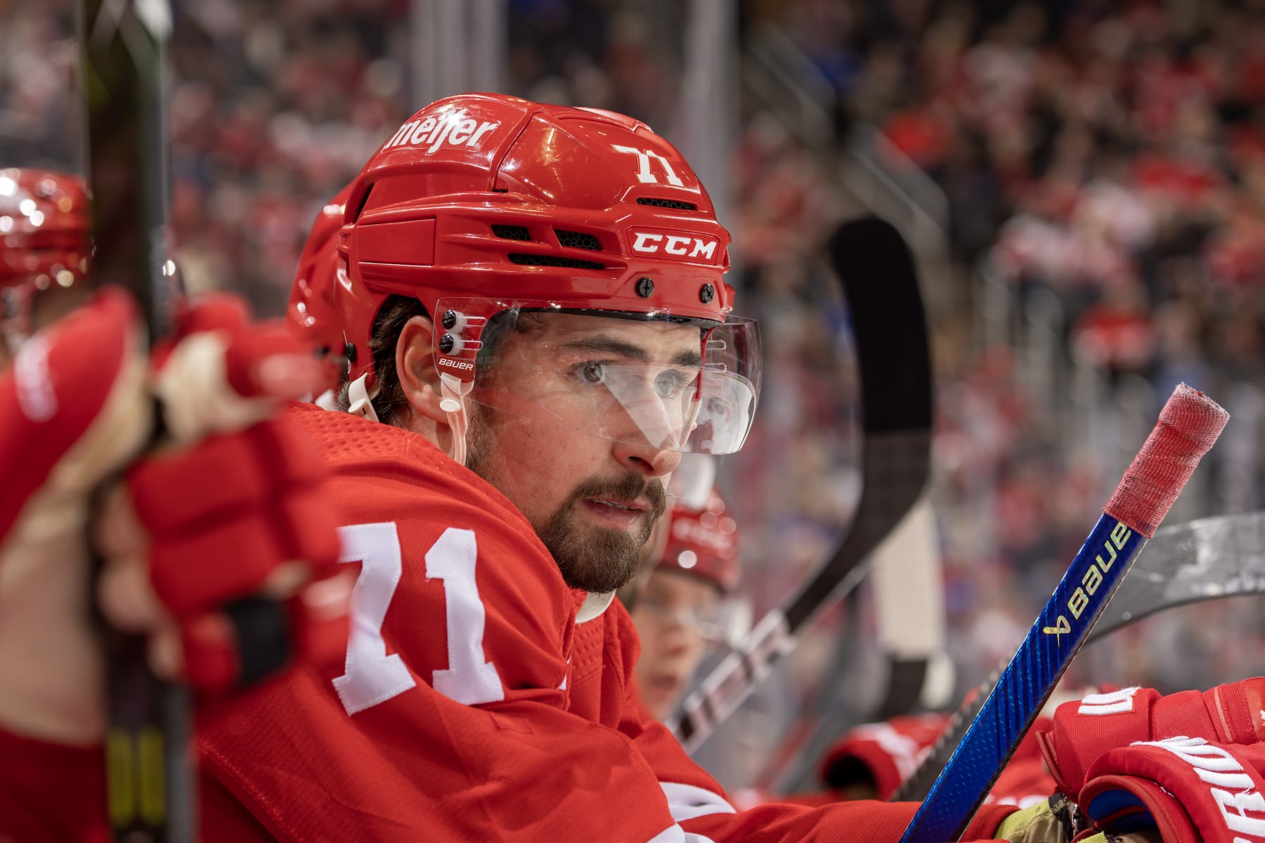 DETROIT, MI - DECEMBER 21: Dylan Larkin #71 of the Detroit Red Wings watches the action from the bench against the Tampa Bay Lightning during the first period of an NHL game at Little Caesars Arena on December 21, 2022 in Detroit, Michigan. (Photo by Dave Reginek/NHLI via Getty Images)
