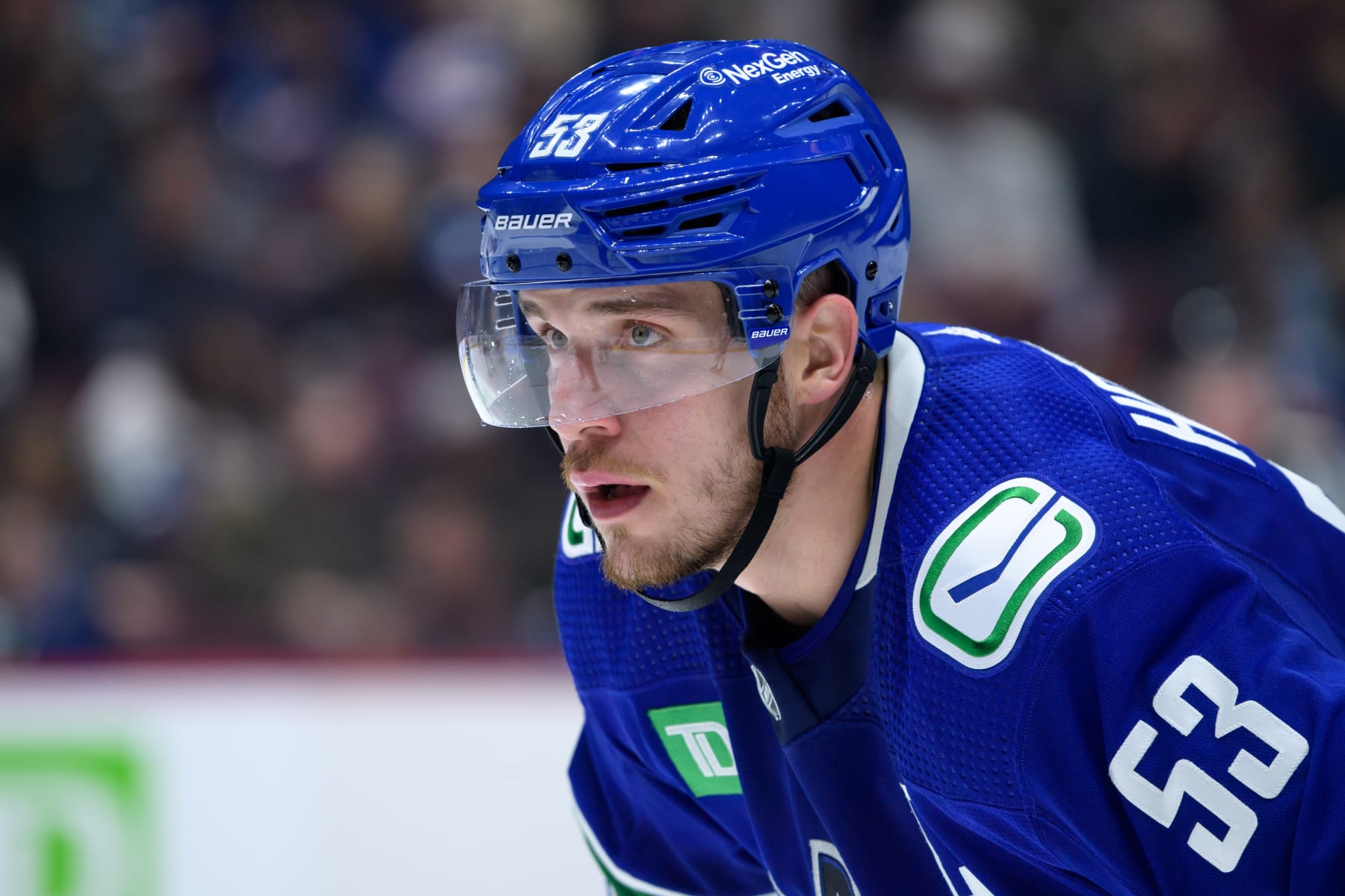 VANCOUVER, BC - DECEMBER 17: Vancouver Canucks center Bo Horvat (53) waits for a face-off during their NHL game against the Winnipeg Jets at Rogers Arena on December 17, 2022 in Vancouver, British Columbia, Canada. (Photo by Derek Cain/Icon Sportswire via Getty Images)