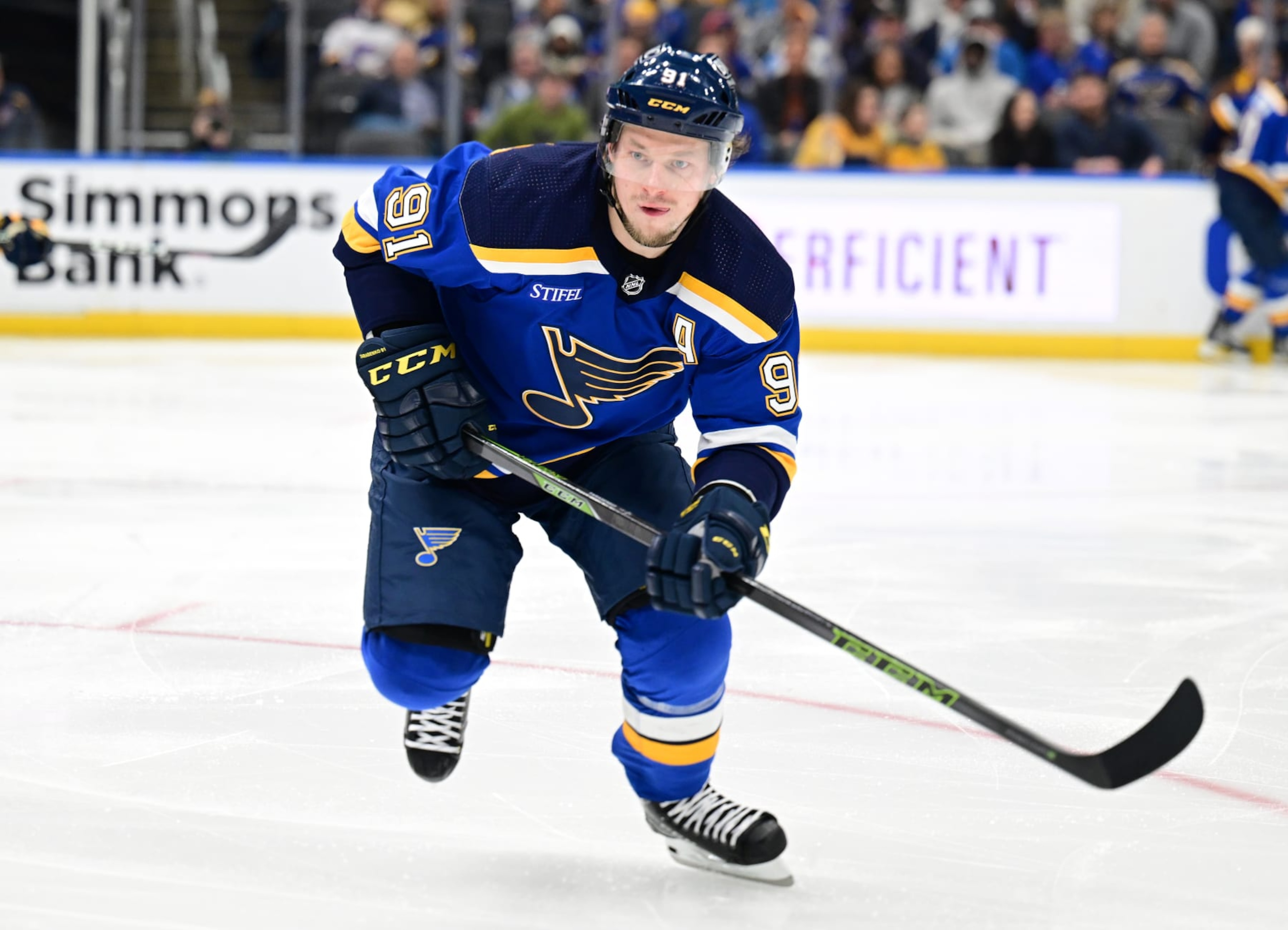 ST. LOUIS, MO - DECEMBER 12: St. Louis Blues right wing Vladimir Tarasenko (91) as seen during a NHL game between the Nashville Predators and the St. Louis Blues on December 12, 2022, at Enterprise Center in St. Louis, MO. (Photo by Keith Gillett/Icon Sportswire via Getty Images) ST. LOUIS, MO - DECEMBER 12: St. Louis Blues right wing Vladimir Tarasenko (91) as seen during a NHL game between the Nashville Predators and the St. Louis Blues on December 12, 2022, at Enterprise Center in St. Louis, MO. (Photo by Keith Gillett/Icon Sportswire via Getty Images)