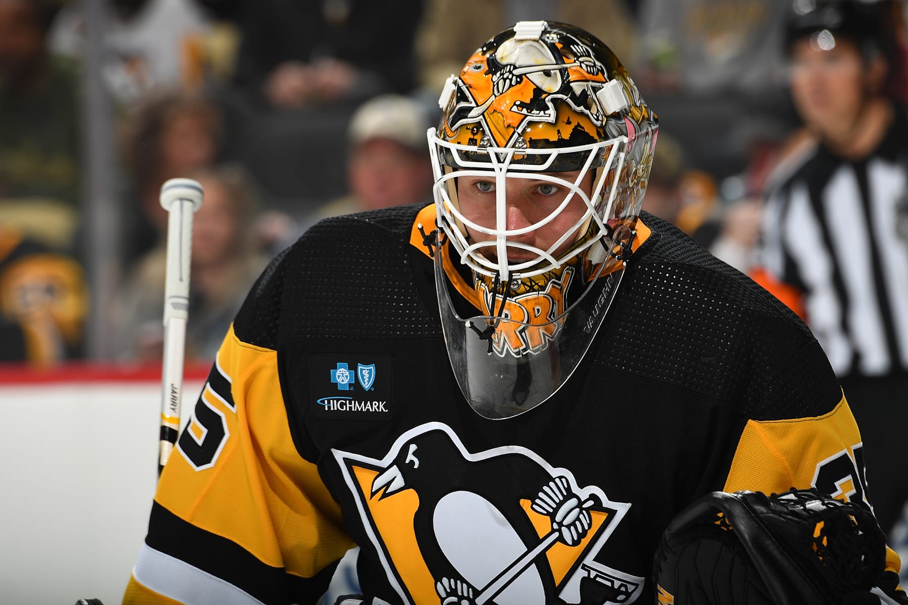 PITTSBURGH, PA - OCTOBER 15:  Tristan Jarry #35 of the Pittsburgh Penguins defends the net against the Tampa Bay Lightning during the game at PPG PAINTS Arena on October 15, 2022 in Pittsburgh, Pennsylvania. (Photo by Joe Sargent/NHLI via Getty Images)