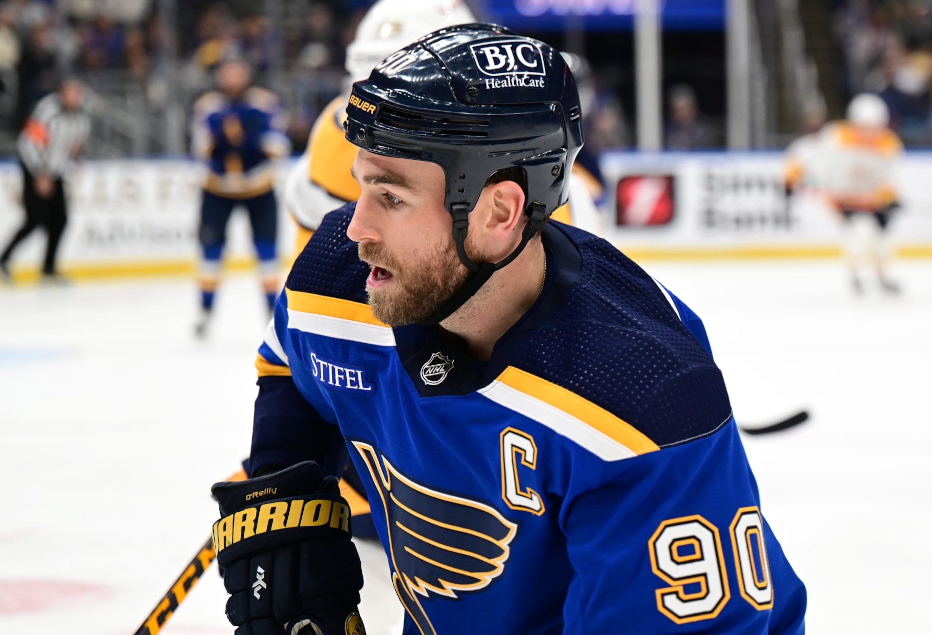ST. LOUIS, MO - DECEMBER 12: St. Louis Blues center Ryan O'Reilly (90) as seen during a NHL game between the Nashville Predators and the St. Louis Blues on December 12, 2022, at Enterprise Center in St. Louis, MO. (Photo by Keith Gillett/Icon Sportswire via Getty Images) ST. LOUIS, MO - DECEMBER 12: St. Louis Blues center Ryan O'Reilly (90) as seen during a NHL game between the Nashville Predators and the St. Louis Blues on December 12, 2022, at Enterprise Center in St. Louis, MO. (Photo by Keith Gillett/Icon Sportswire via Getty Images)