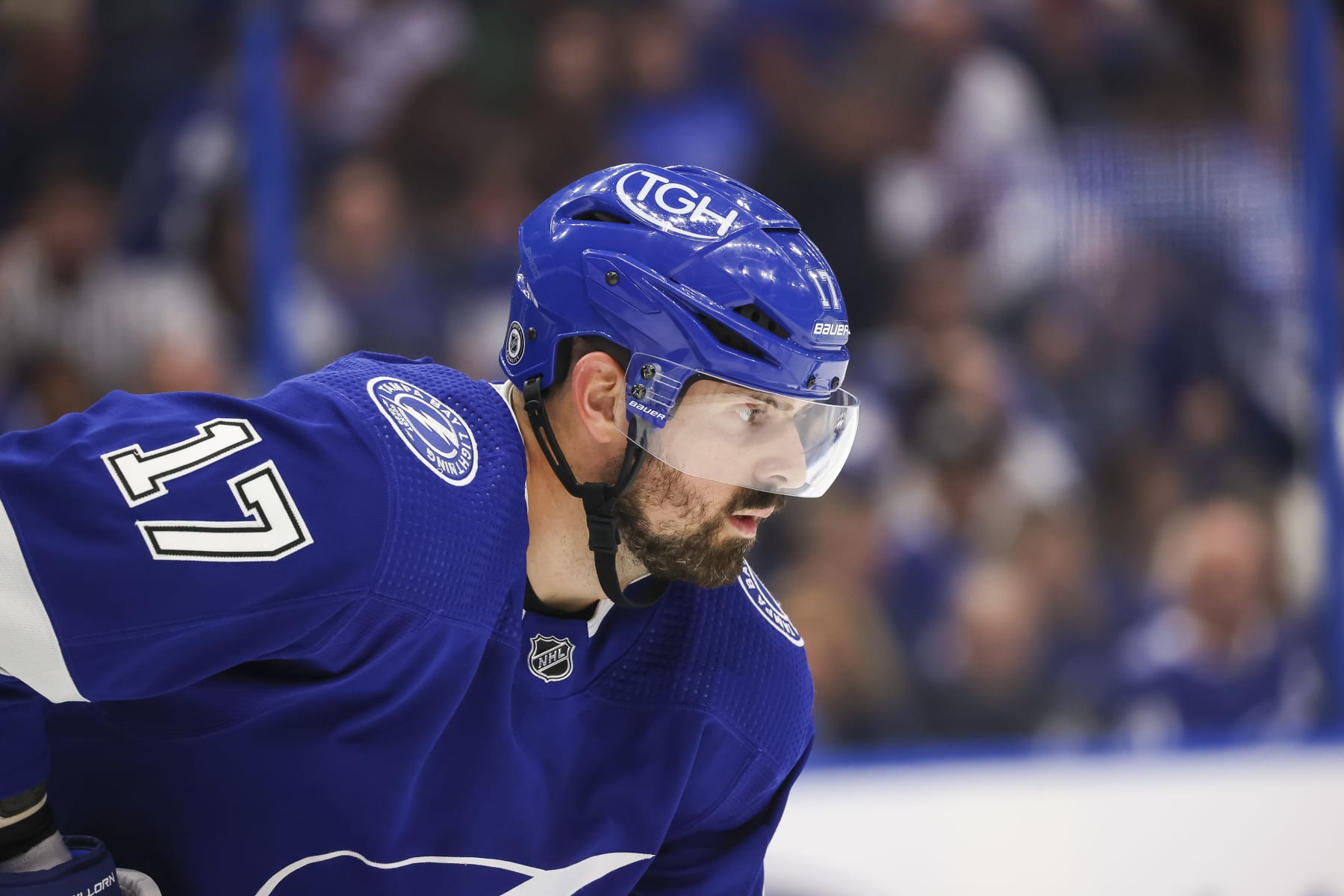 TAMPA, FL - DECEMBER 3: Alex Killorn #17 of the Tampa Bay Lightning skates against the Toronto Maple Leafs during the second period at Amalie Arena on December 3, 2022 in Tampa, Florida. (Photo by Mark LoMoglio/NHLI via Getty Images)