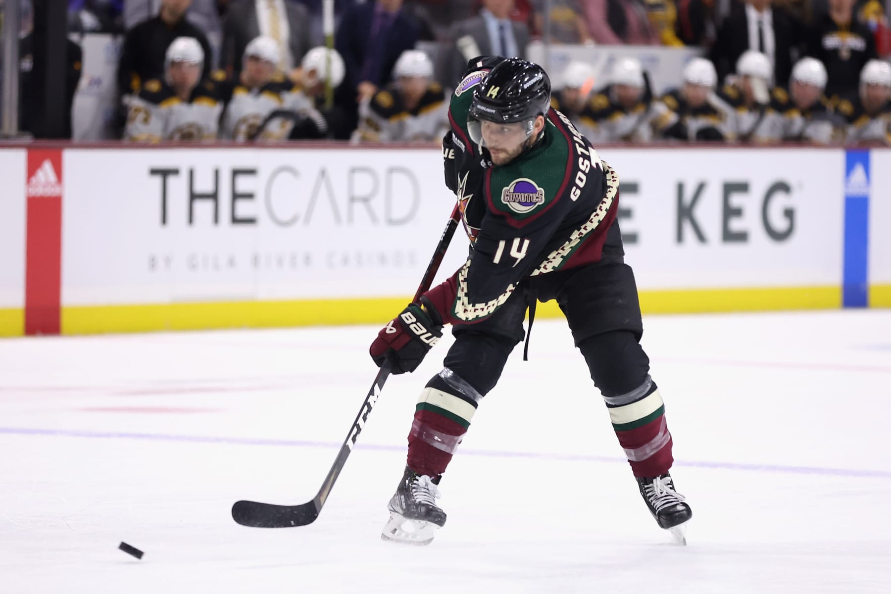 TEMPE, ARIZONA - DECEMBER 09: Shayne Gostisbehere #14 of the Arizona Coyotes shoots the puck during the second period of the NHL game at Mullett Arena on December 09, 2022 in Tempe, Arizona. (Photo by Christian Petersen/Getty Images)