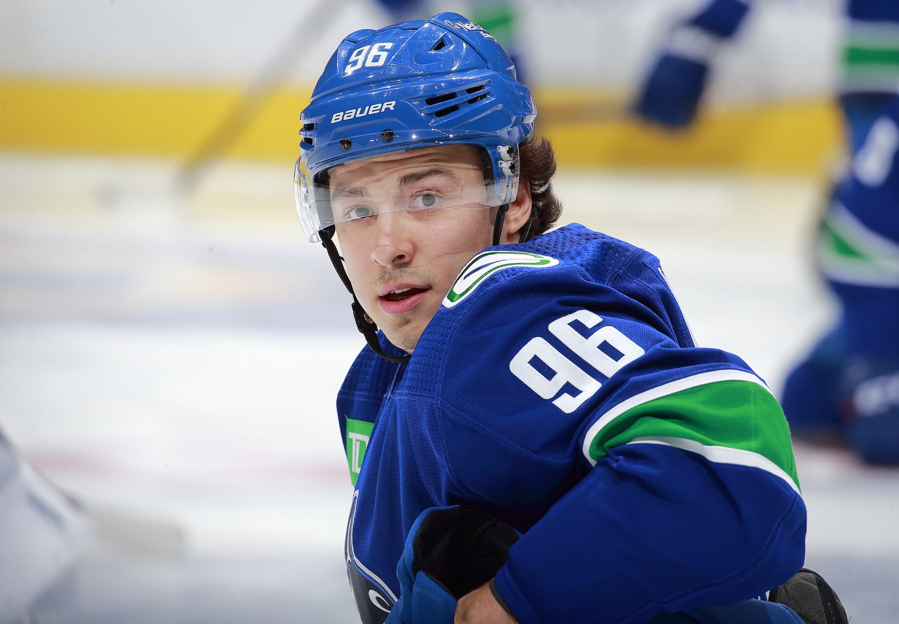 VANCOUVER, CANADA - DECEMBER 5: Andrei Kuzmenko #96 of the Vancouver Canucks warms up during their NHL game against the Montréal Canadiens at Rogers Arena December 5, 2022 in Vancouver, British Columbia, Canada.  (Photo by Jeff Vinnick/NHLI via Getty Images)