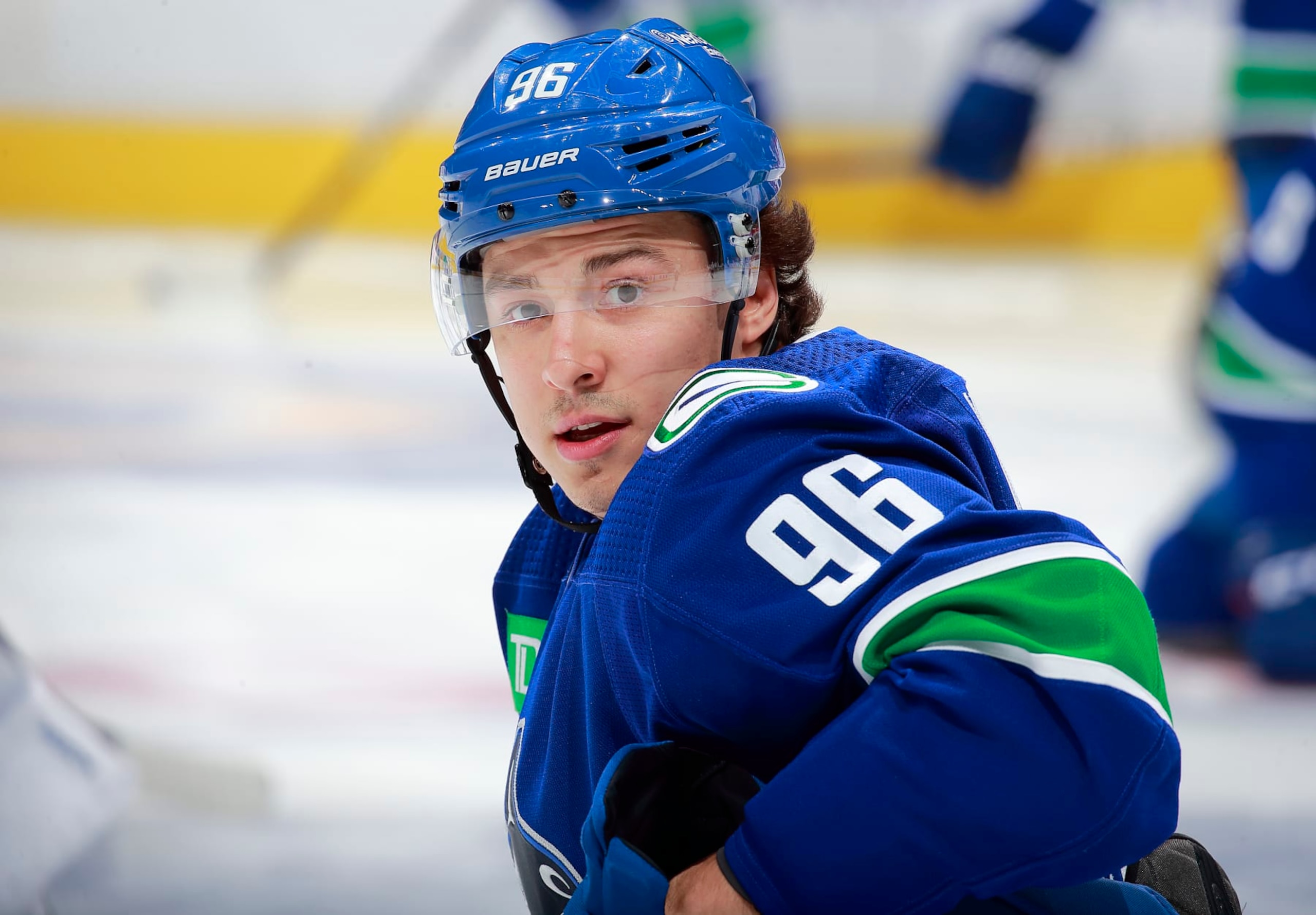 VANCOUVER, CANADA - DECEMBER 5: Andrei Kuzmenko #96 of the Vancouver Canucks warms up during their NHL game against the Montréal Canadiens at Rogers Arena December 5, 2022 in Vancouver, British Columbia, Canada.  (Photo by Jeff Vinnick/NHLI via Getty Images)
