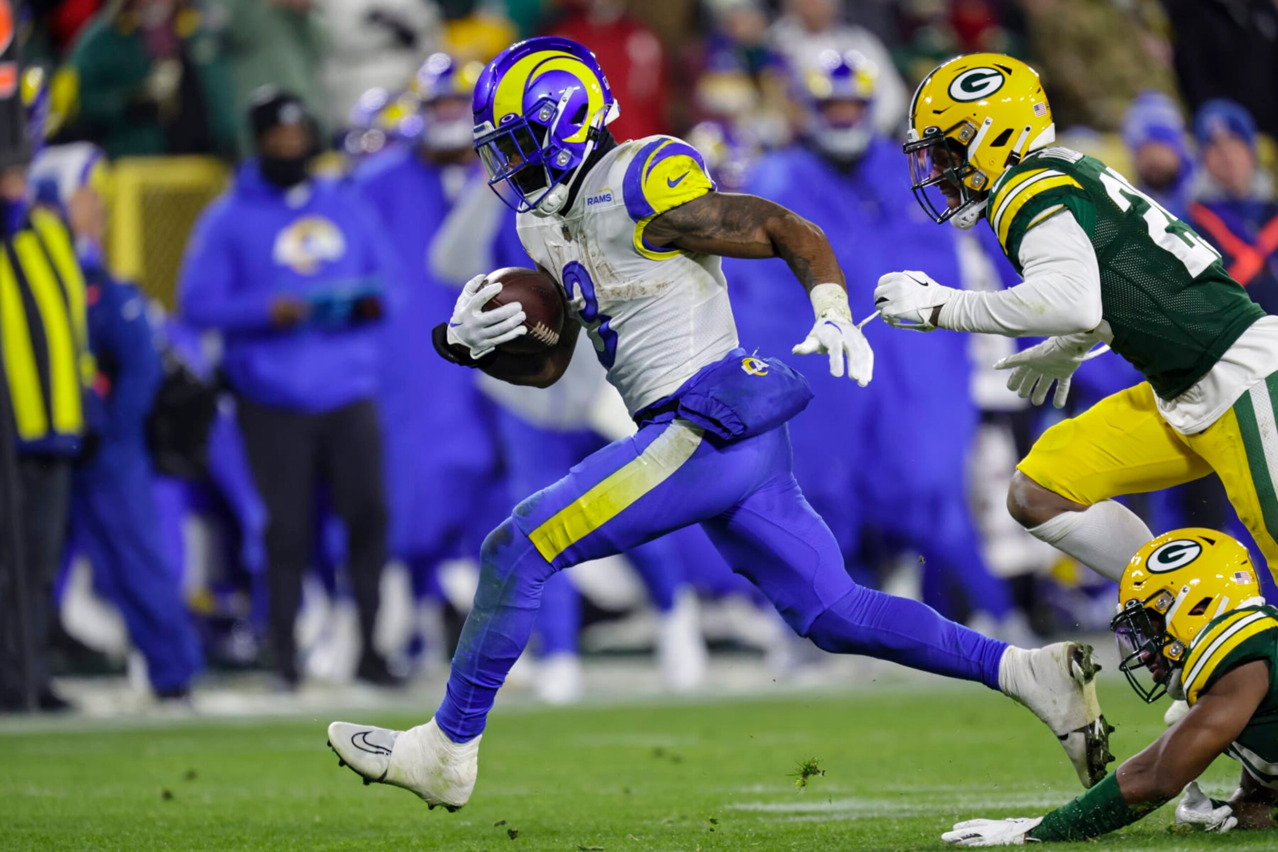 Los Angeles Rams running back Cam Akers (3) runs against the Green Bay Packers in the second half of an NFL football game in Green Bay, Wis. Monday, Dec. 19, 2022. (AP Photo/Matt Ludtke)