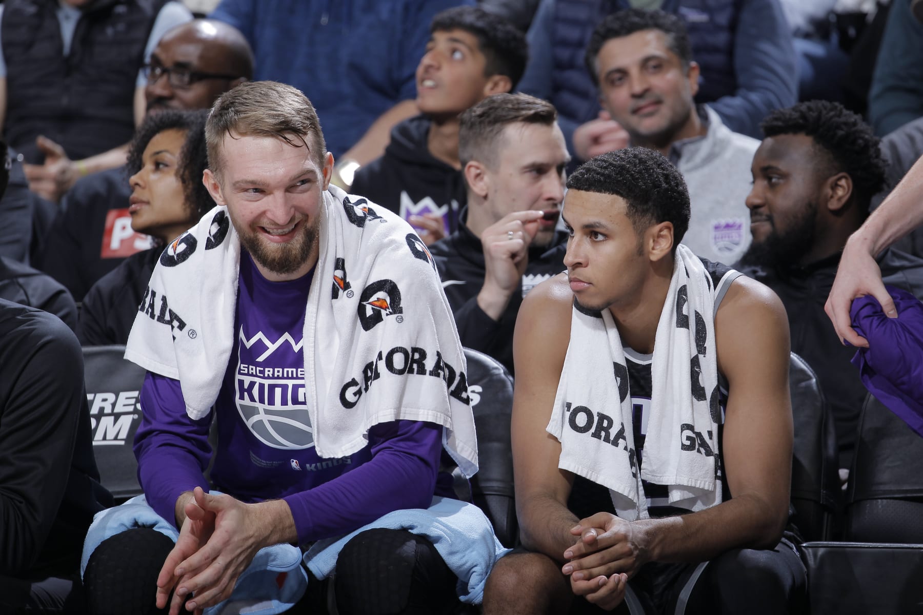 SACRAMENTO, CA - NOVEMBER 30: Domantas Sabonis #10 and Keegan Murray #13 of the Sacramento Kings look on from the bench during the game against the Indiana Pacers  on November 30, 2022 at Golden 1 Center in Sacramento, California. NOTE TO USER: User expressly acknowledges and agrees that, by downloading and or using this photograph, User is consenting to the terms and conditions of the Getty Images Agreement. Mandatory Copyright Notice: Copyright 2022 NBAE (Photo by Rocky Widner/NBAE via Getty Images)