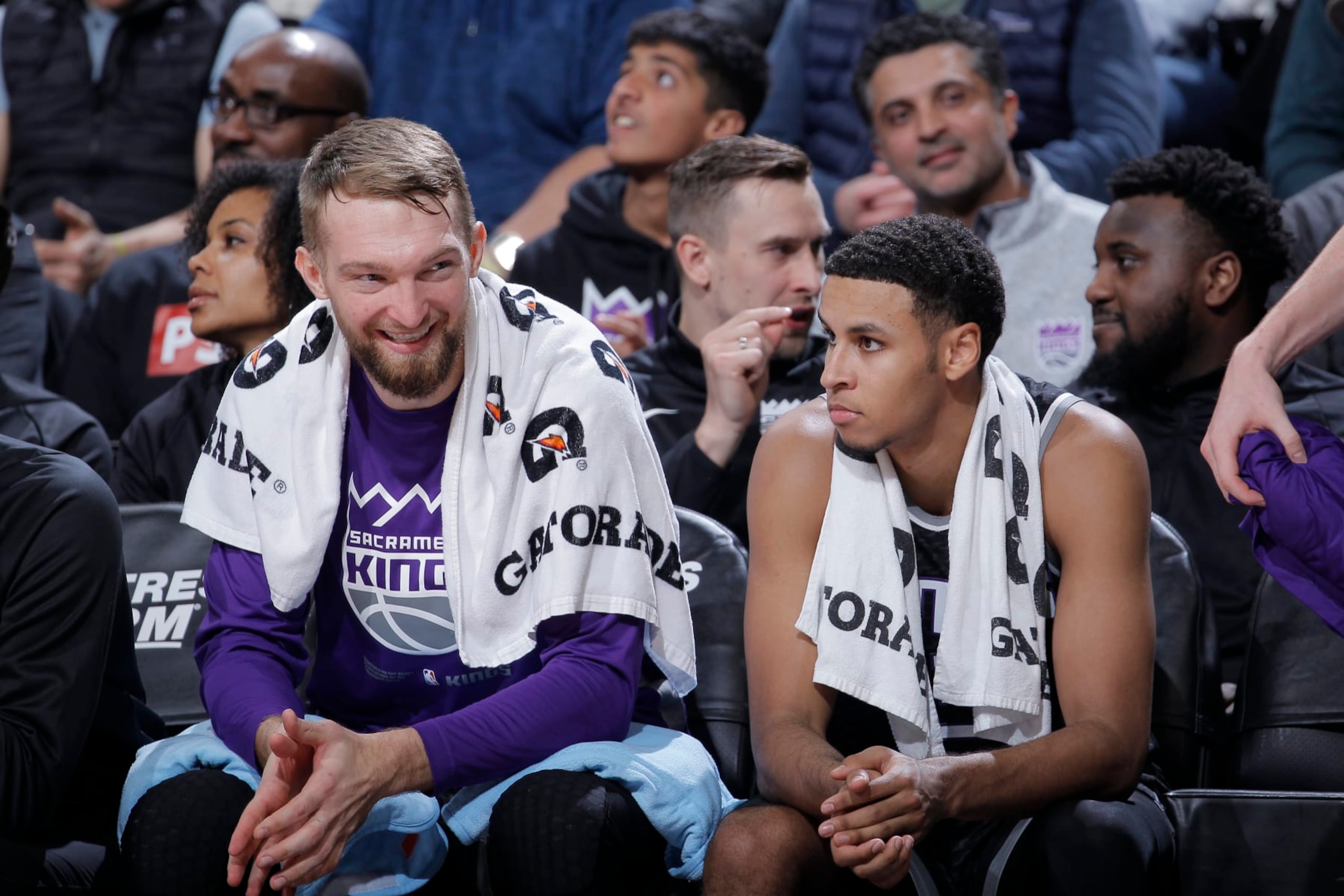 SACRAMENTO, CA - NOVEMBER 30: Domantas Sabonis #10 and Keegan Murray #13 of the Sacramento Kings look on from the bench during the game against the Indiana Pacers  on November 30, 2022 at Golden 1 Center in Sacramento, California. NOTE TO USER: User expressly acknowledges and agrees that, by downloading and or using this photograph, User is consenting to the terms and conditions of the Getty Images Agreement. Mandatory Copyright Notice: Copyright 2022 NBAE (Photo by Rocky Widner/NBAE via Getty Images)