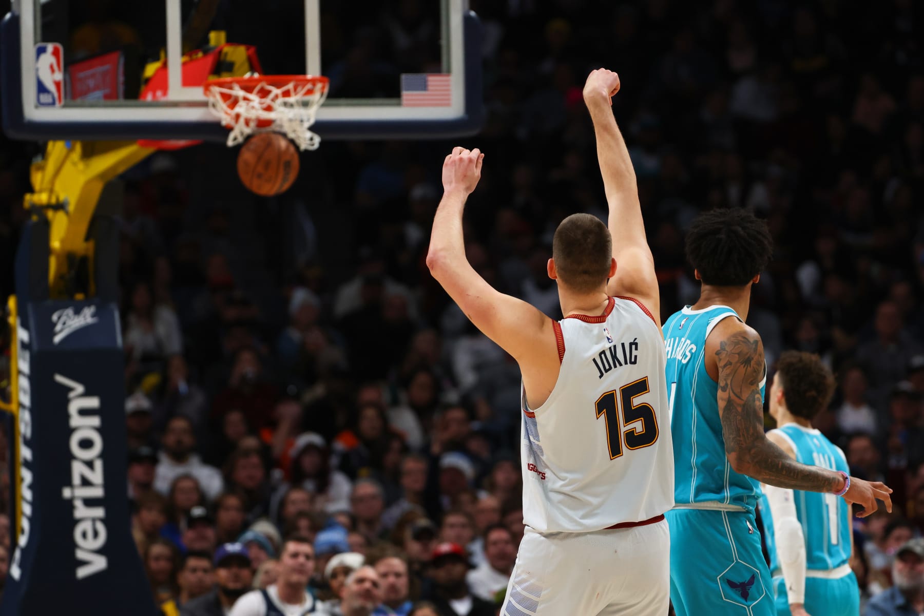 DENVER, CO - DECEMBER 18: Nikola Jokic #15 of the Denver Nuggets shoots the ball against the Charlotte Hornets in the second half at Ball Arena on December 18, 2022 in Denver, Colorado. NOTE TO USER: User expressly acknowledges and agrees that, by downloading and or using this photograph, User is consenting to the terms and conditions of the Getty Images License Agreement (Photo by Justin Tafoya/Getty Images)