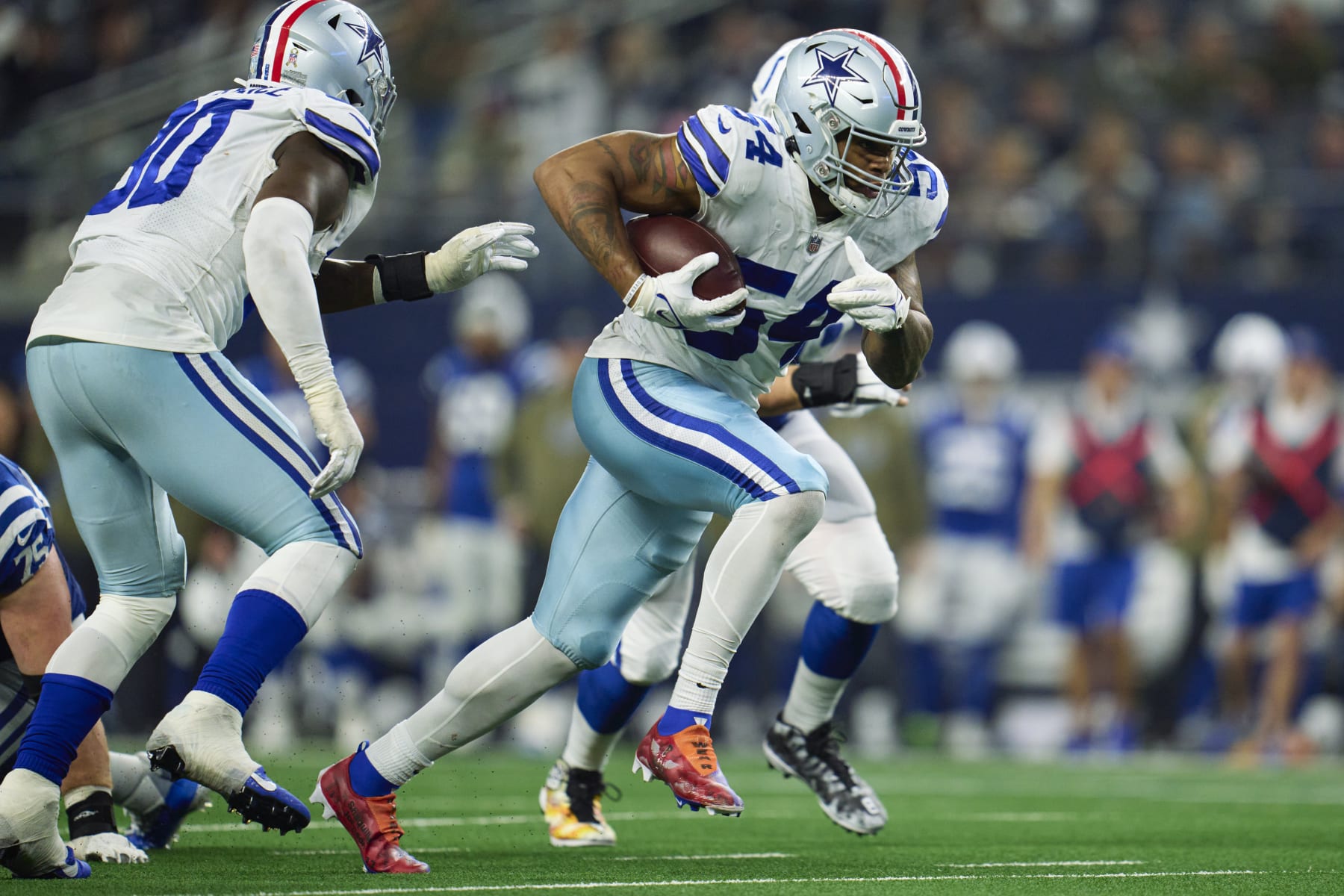 ARLINGTON, TX - DECEMBER 04: Sam Williams #54 of the Dallas Cowboys recovers a fumble against the Indianapolis Colts during the second half at AT&T Stadium on December 4, 2022 in Arlington, Texas. (Photo by Cooper Neill/Getty Images) ARLINGTON, TX - DECEMBER 04: Sam Williams #54 of the Dallas Cowboys recovers a fumble against the Indianapolis Colts during the second half at AT&T Stadium on December 4, 2022 in Arlington, Texas. (Photo by Cooper Neill/Getty Images)