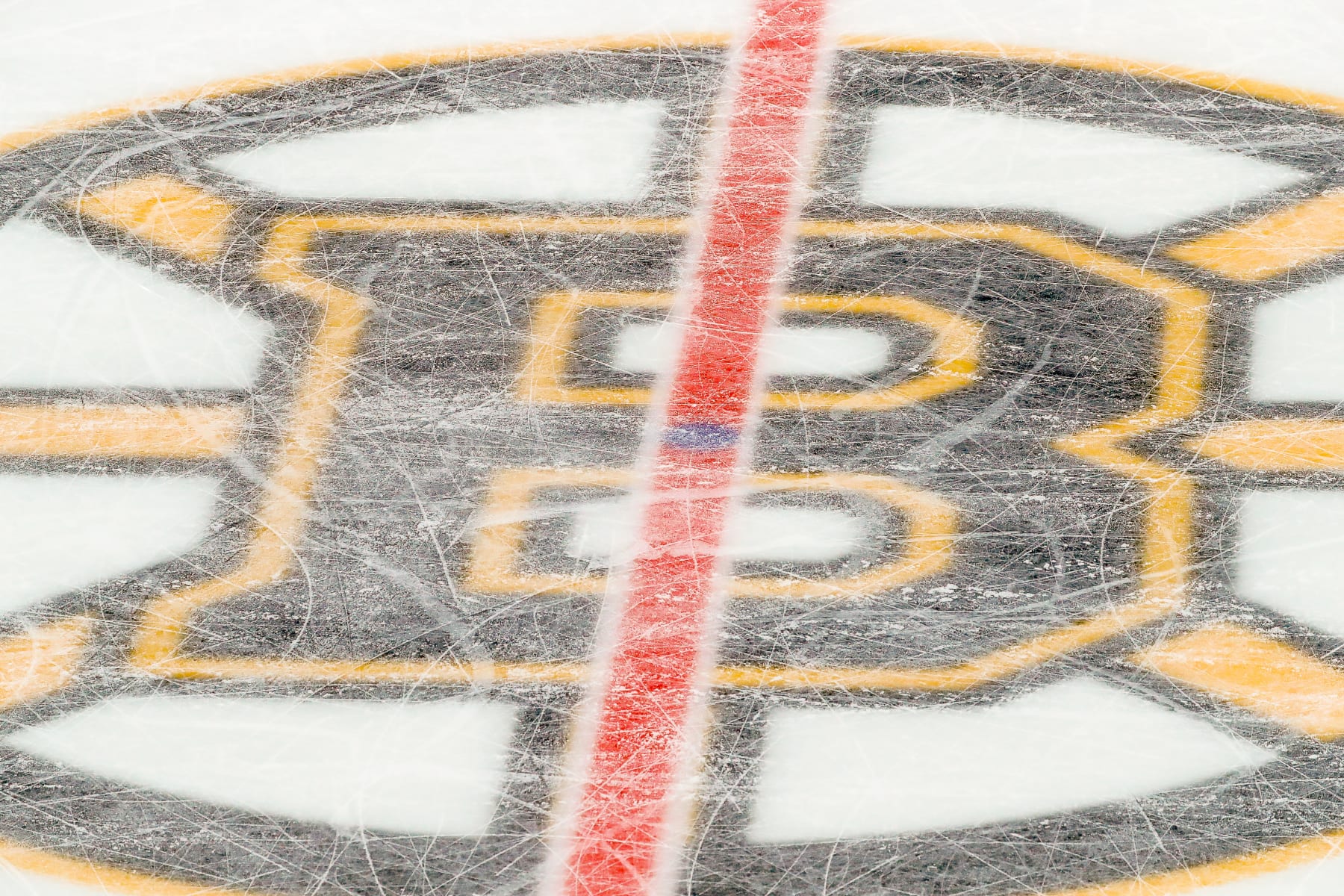 BOSTON, MA - DECEMBER 05: View of Boston Bruins logo at center ice in TD Garden during the Chicago Blackhawks and Boston Bruins NHL game on December 5, 2019, at TD Garden in Boston, MA. (Photo by John Crouch/Icon Sportswire via Getty Images)