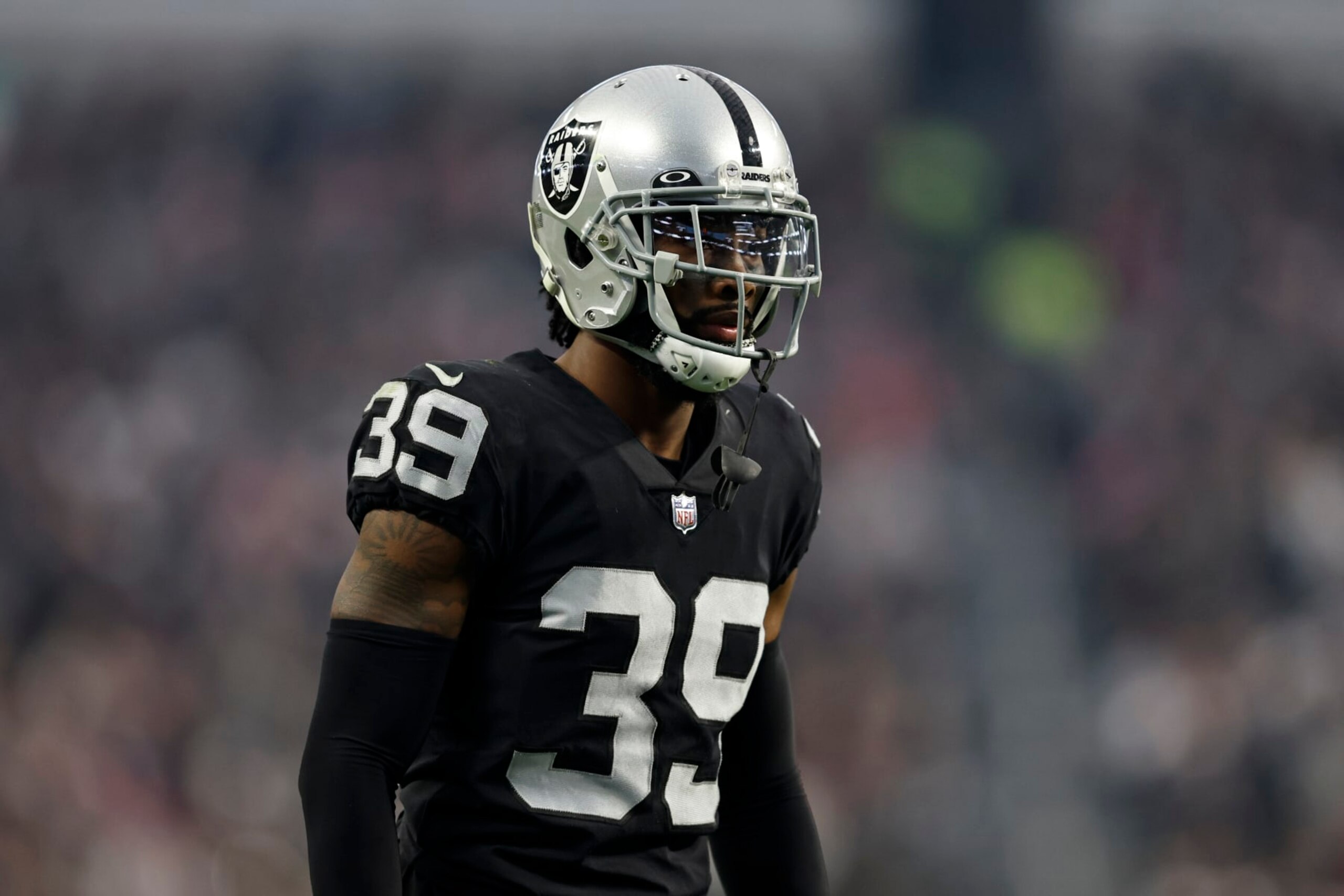 LAS VEGAS, NEVADA - DECEMBER 18: Nate Hobbs #39 of the Las Vegas Raiders looks on during an NFL football game between the Las Vegas Raiders and the New England Patriots at Allegiant Stadium on December 18, 2022 in Las Vegas, Nevada. (Photo by Michael Owens/Getty Images)