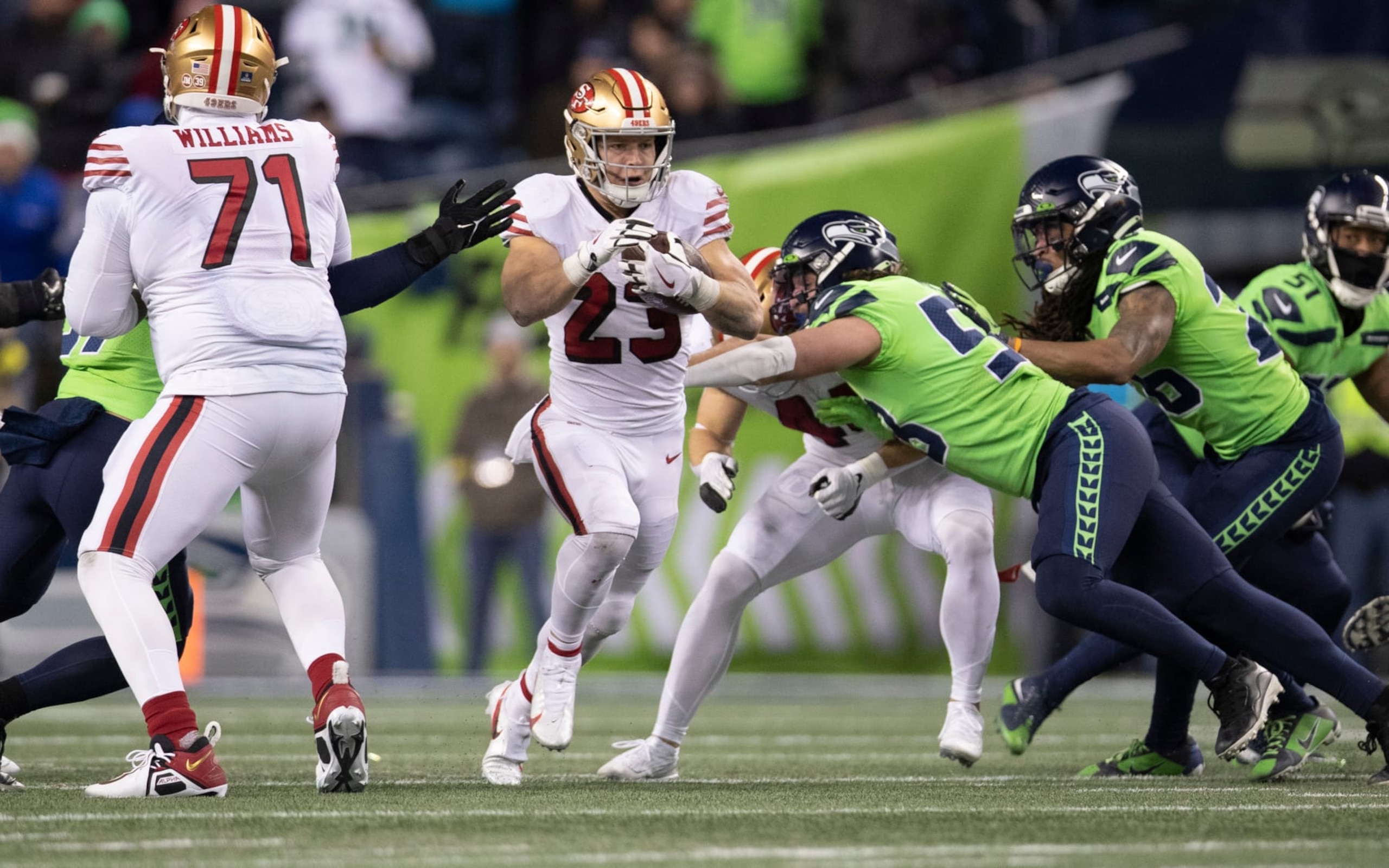 SEATTLE, WA - DECEMBER 15: Christian McCaffrey #23 of the San Francisco 49ers rushes during the game against the Seattle Seahawks at Lumen Field on December 15, 2022 in Seattle, Washington. The 49ers defeated the Seahawks 21-13. (Photo by Michael Zagaris/San Francisco 49ers/Getty Images)