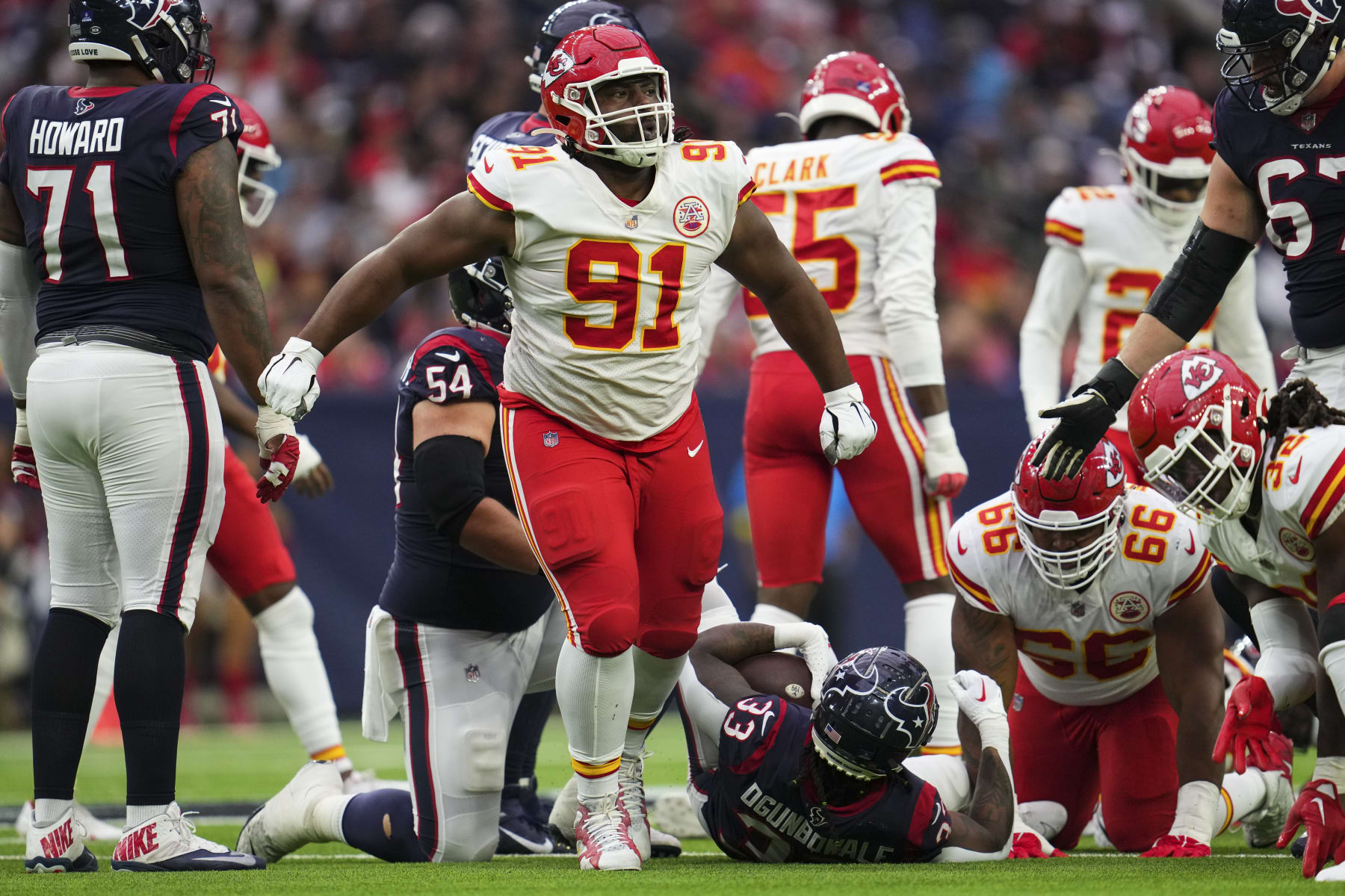 HOUSTON, TX - DECEMBER 18: Derrick Nnadi #91 of the Kansas City Chiefs celebrates against the Houston Texans at NRG Stadium on December 18, 2022 in Houston, Texas. (Photo by Cooper Neill/Getty Images)