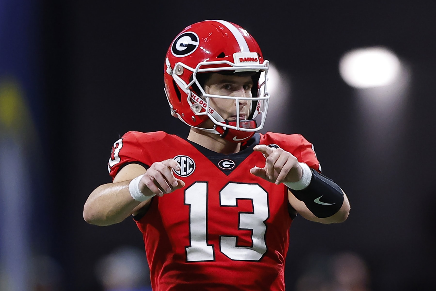 ATLANTA, GA - DECEMBER 03: Stetson Bennett #13 of the Georgia Bulldogs calls out against the LSU Tigers during the first half of the SEC Championship game at Mercedes-Benz Stadium on December 3, 2022 in Atlanta, Georgia. (Photo by Todd Kirkland/Getty Images)