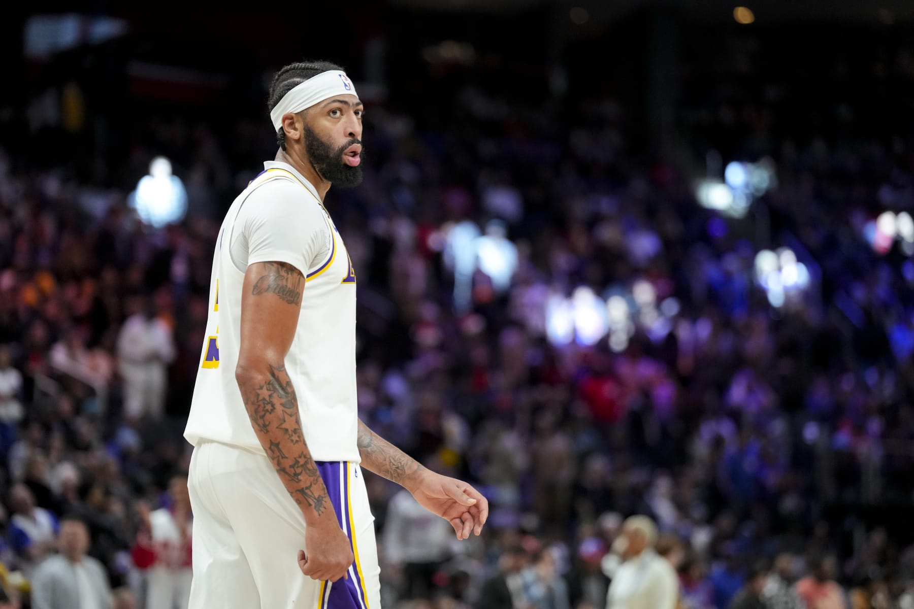 DETROIT, MICHIGAN - DECEMBER 11: Anthony Davis #3 of the Los Angeles Lakers looks on against the Detroit Pistons at Little Caesars Arena on December 11, 2022 in Detroit, Michigan. NOTE TO USER: User expressly acknowledges and agrees that, by downloading and or using this photograph, User is consenting to the terms and conditions of the Getty Images License Agreement. (Photo by Nic Antaya/Getty Images)