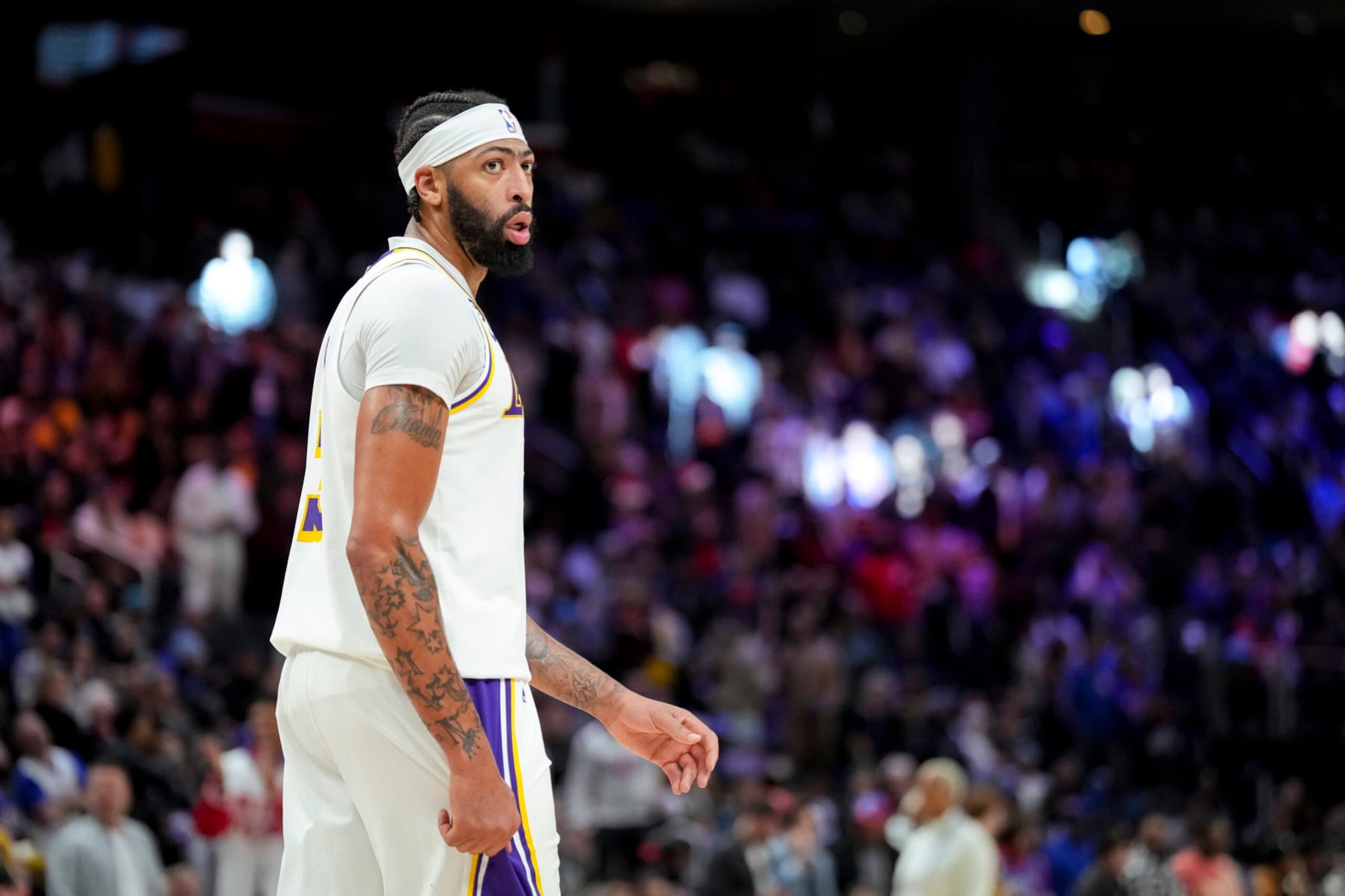 DETROIT, MICHIGAN - DECEMBER 11: Anthony Davis #3 of the Los Angeles Lakers looks on against the Detroit Pistons at Little Caesars Arena on December 11, 2022 in Detroit, Michigan. NOTE TO USER: User expressly acknowledges and agrees that, by downloading and or using this photograph, User is consenting to the terms and conditions of the Getty Images License Agreement. (Photo by Nic Antaya/Getty Images)