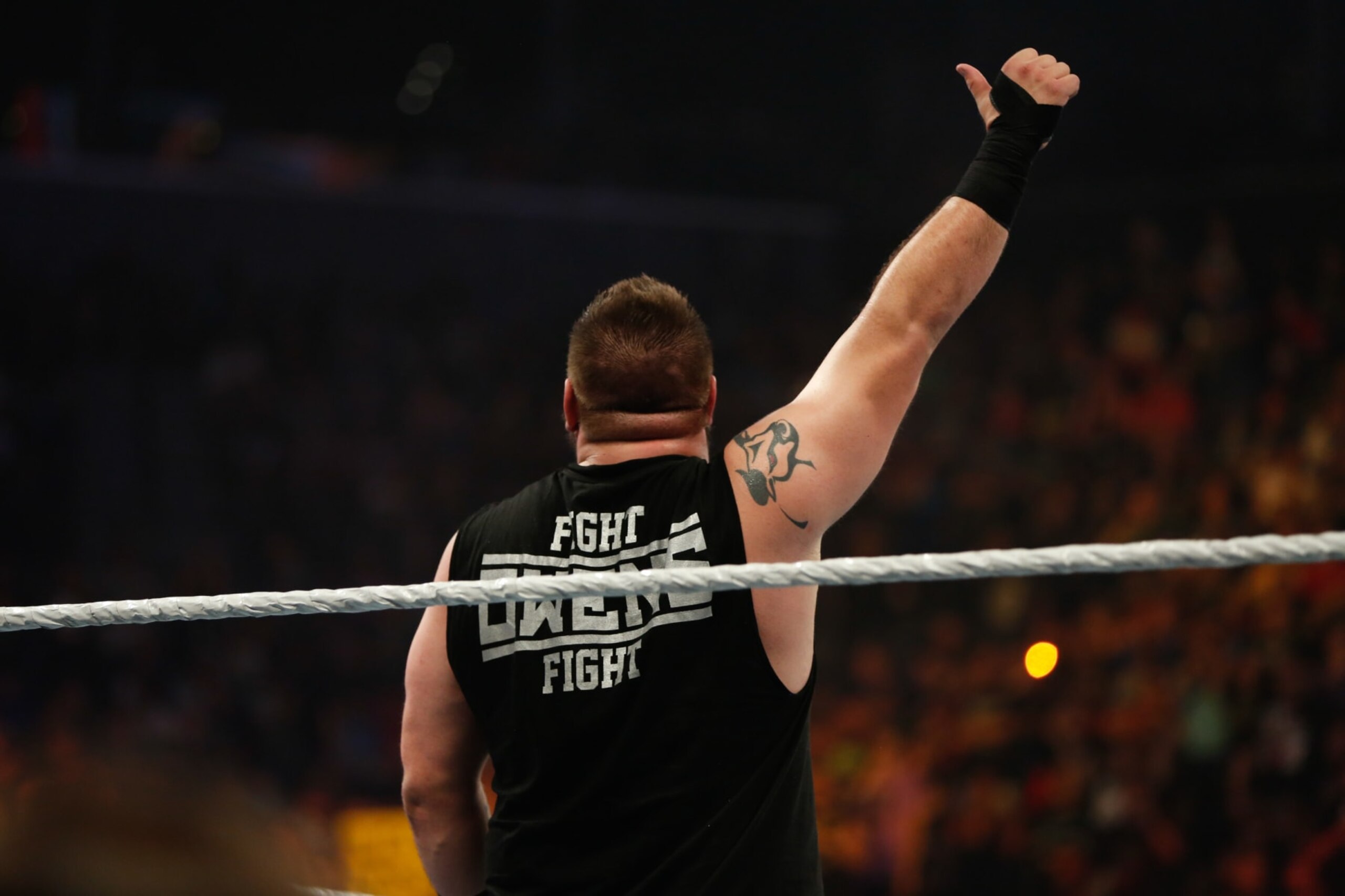NEW YORK, NY - AUGUST 23:  Kevin Owens celebrates his victory over Cesaro at the WWE SummerSlam 2015 at Barclays Center of Brooklyn on August 23, 2015 in New York City.  (Photo by JP Yim/Getty Images)