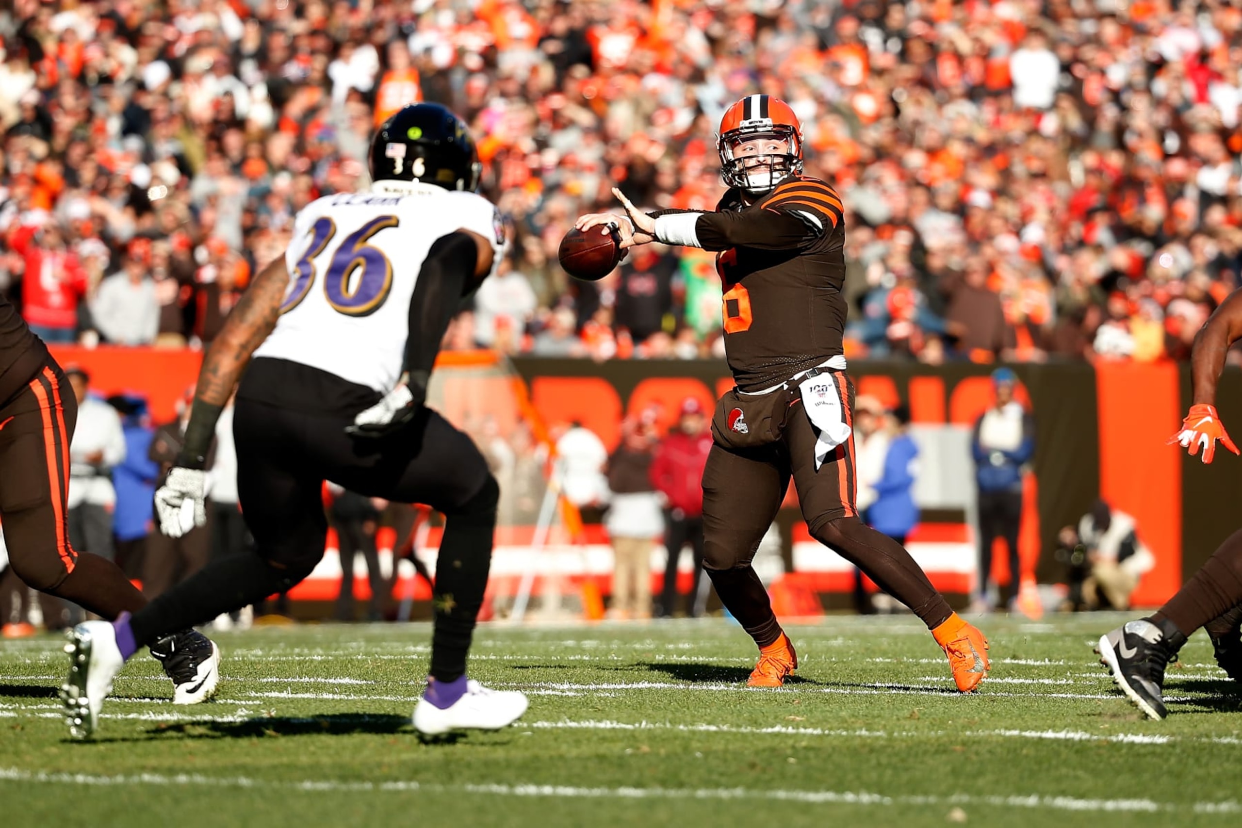 CLEVELAND, OH - DECEMBER 22: Baker Mayfield #6 of the Cleveland Browns throws the ball during the game against the Baltimore Ravens at FirstEnergy Stadium on December 22, 2019 in Cleveland, Ohio. Baltimore defeated Cleveland 31-15. (Photo by Kirk Irwin/Getty Images) CLEVELAND, OH - DECEMBER 22: Baker Mayfield #6 of the Cleveland Browns throws the ball during the game against the Baltimore Ravens at FirstEnergy Stadium on December 22, 2019 in Cleveland, Ohio. Baltimore defeated Cleveland 31-15. (Photo by Kirk Irwin/Getty Images)