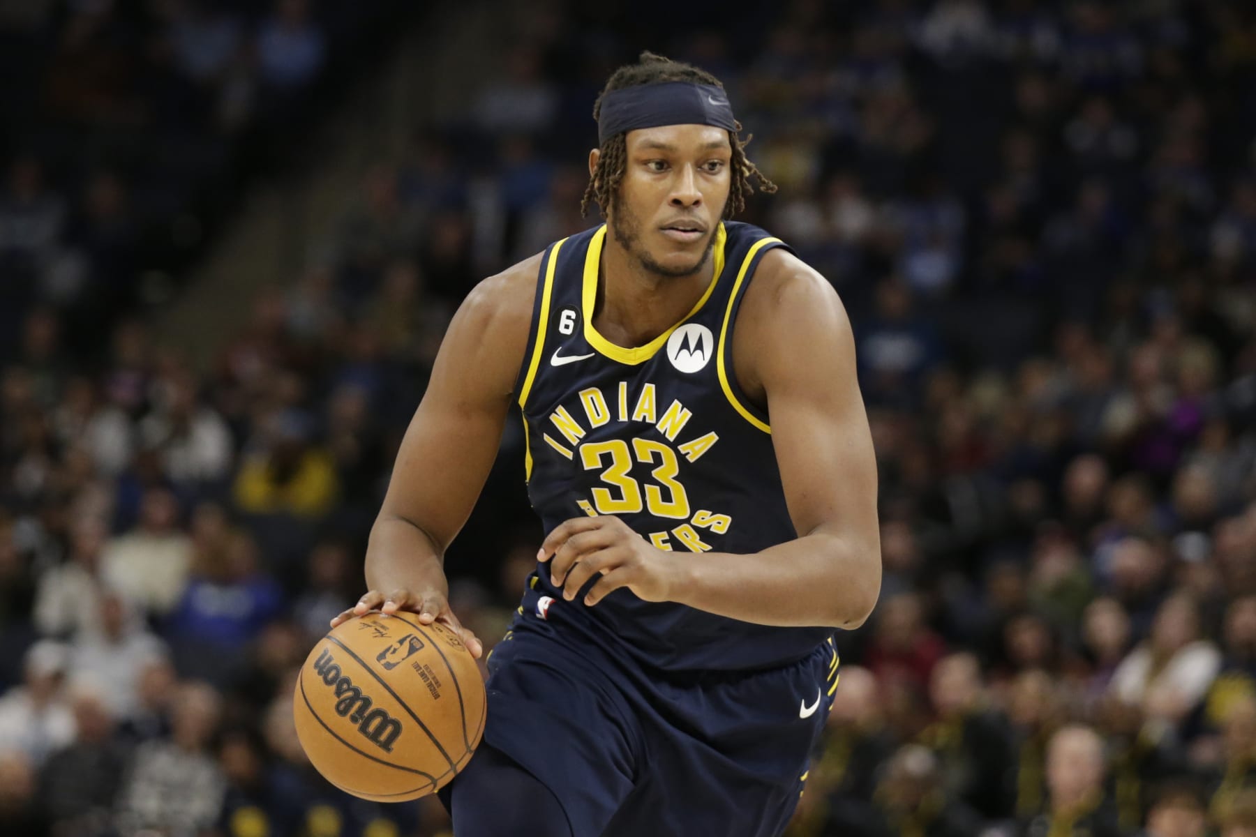 Indiana Pacers center Myles Turner drives during an NBA basketball game against the Minnesota Timberwolves Wednesday, Dec. 7, 2022, in Minneapolis. (AP Photo/Andy Clayton-King)