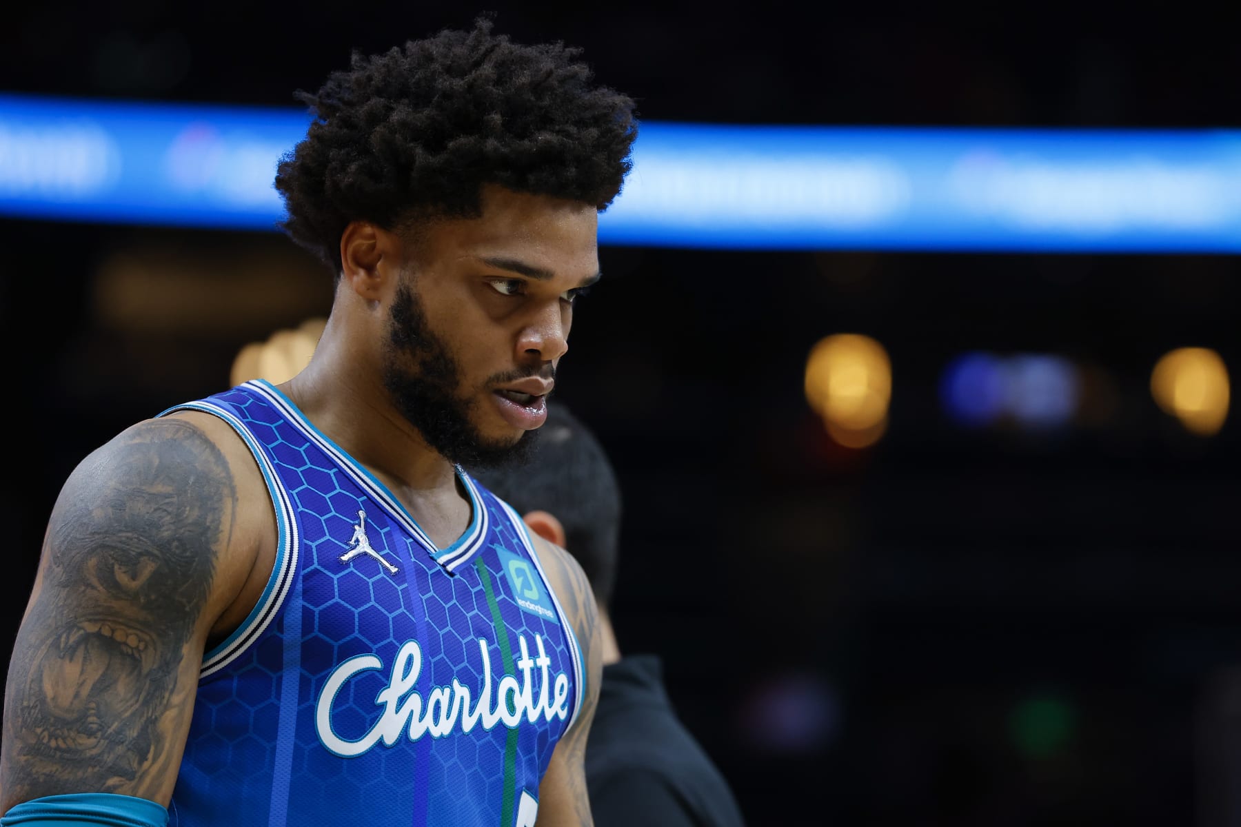 ATLANTA, GA - APRIL 13: Miles Bridges #0 of the Charlotte Hornets reacts during the second half against the Atlanta Hawks at State Farm Arena on April 13, 2022 in Atlanta, Georgia. NOTE TO USER: User expressly acknowledges and agrees that, by downloading and or using this photograph, User is consenting to the terms and conditions of the Getty Images License Agreement. (Photo by Todd Kirkland/Getty Images)