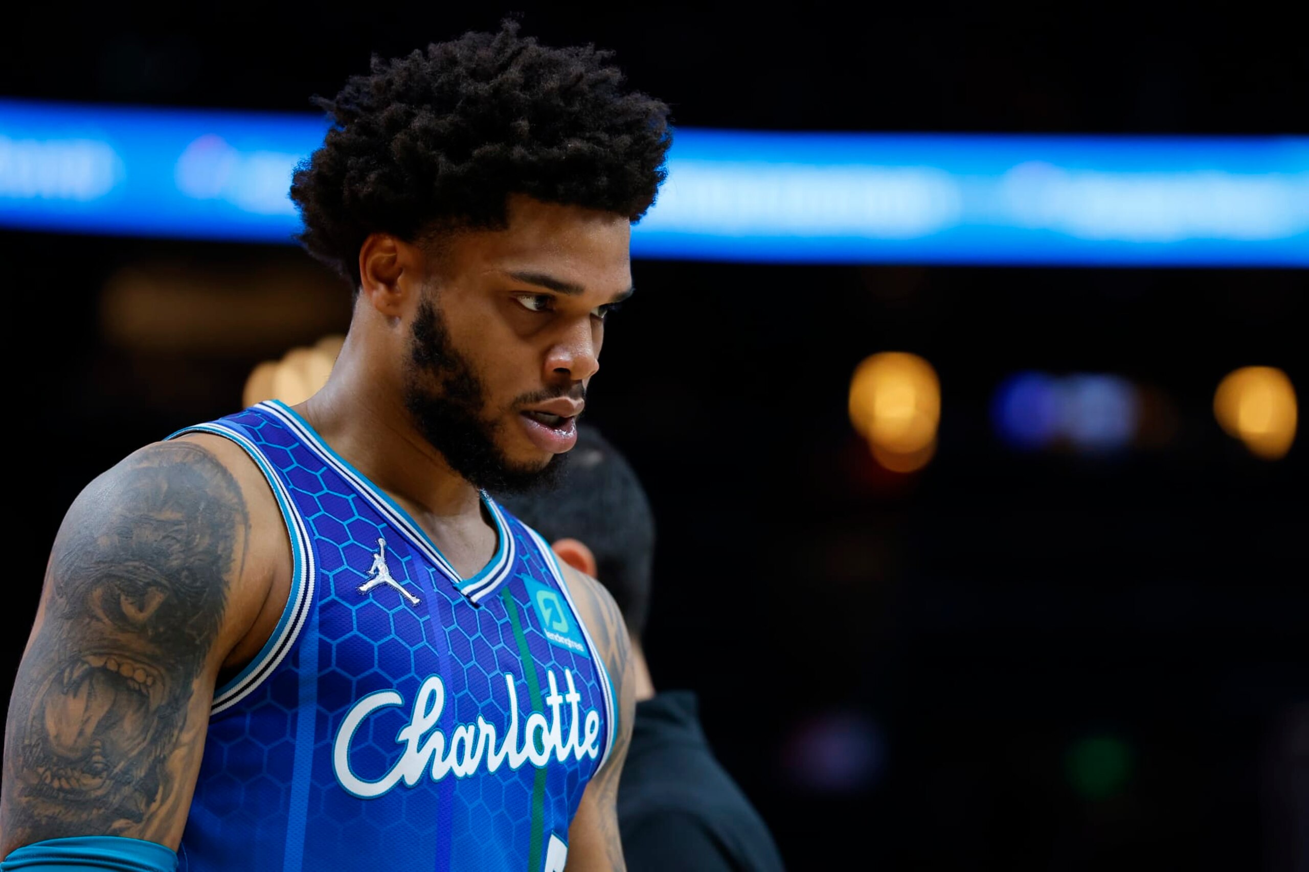 ATLANTA, GA - APRIL 13: Miles Bridges #0 of the Charlotte Hornets reacts during the second half against the Atlanta Hawks at State Farm Arena on April 13, 2022 in Atlanta, Georgia. NOTE TO USER: User expressly acknowledges and agrees that, by downloading and or using this photograph, User is consenting to the terms and conditions of the Getty Images License Agreement. (Photo by Todd Kirkland/Getty Images)