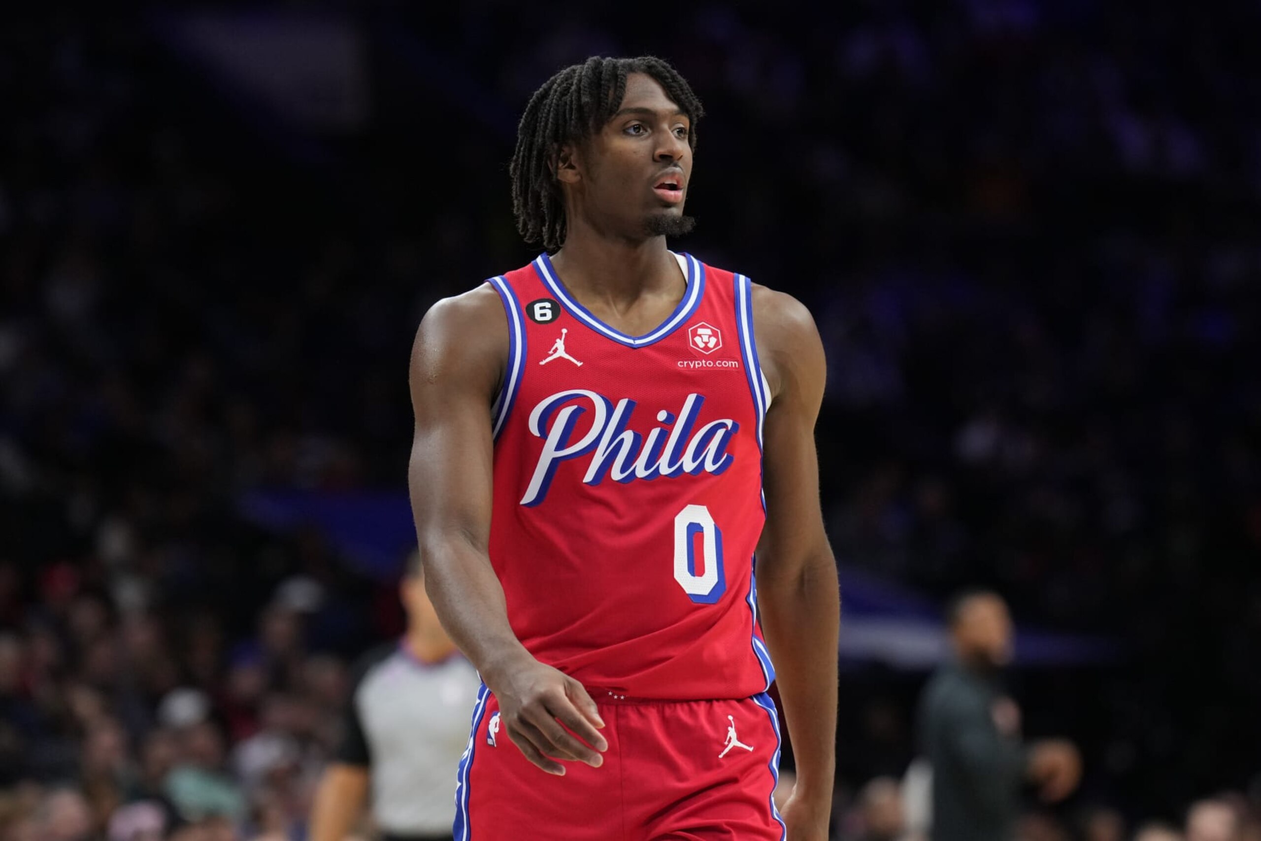 PHILADELPHIA, PA - NOVEMBER 18: Tyrese Maxey #0 of the Philadelphia 76ers looks on during the game against the Milwaukee Bucks on November 18, 2022 at the Wells Fargo Center in Philadelphia, Pennsylvania NOTE TO USER: User expressly acknowledges and agrees that, by downloading and/or using this Photograph, user is consenting to the terms and conditions of the Getty Images License Agreement. Mandatory Copyright Notice: Copyright 2022 NBAE (Photo by Jesse D. Garrabrant/NBAE via Getty Images) PHILADELPHIA, PA - NOVEMBER 18: Tyrese Maxey #0 of the Philadelphia 76ers looks on during the game against the Milwaukee Bucks on November 18, 2022 at the Wells Fargo Center in Philadelphia, Pennsylvania NOTE TO USER: User expressly acknowledges and agrees that, by downloading and/or using this Photograph, user is consenting to the terms and conditions of the Getty Images License Agreement. Mandatory Copyright Notice: Copyright 2022 NBAE (Photo by Jesse D. Garrabrant/NBAE via Getty Images)