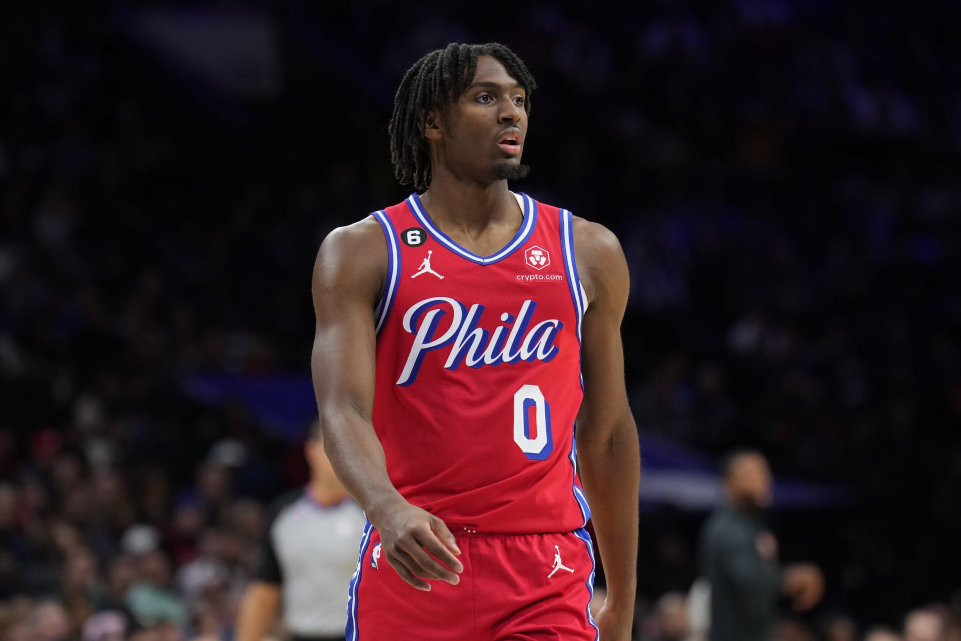 PHILADELPHIA, PA - NOVEMBER 18: Tyrese Maxey #0 of the Philadelphia 76ers looks on during the game against the Milwaukee Bucks on November 18, 2022 at the Wells Fargo Center in Philadelphia, Pennsylvania NOTE TO USER: User expressly acknowledges and agrees that, by downloading and/or using this Photograph, user is consenting to the terms and conditions of the Getty Images License Agreement. Mandatory Copyright Notice: Copyright 2022 NBAE (Photo by Jesse D. Garrabrant/NBAE via Getty Images)