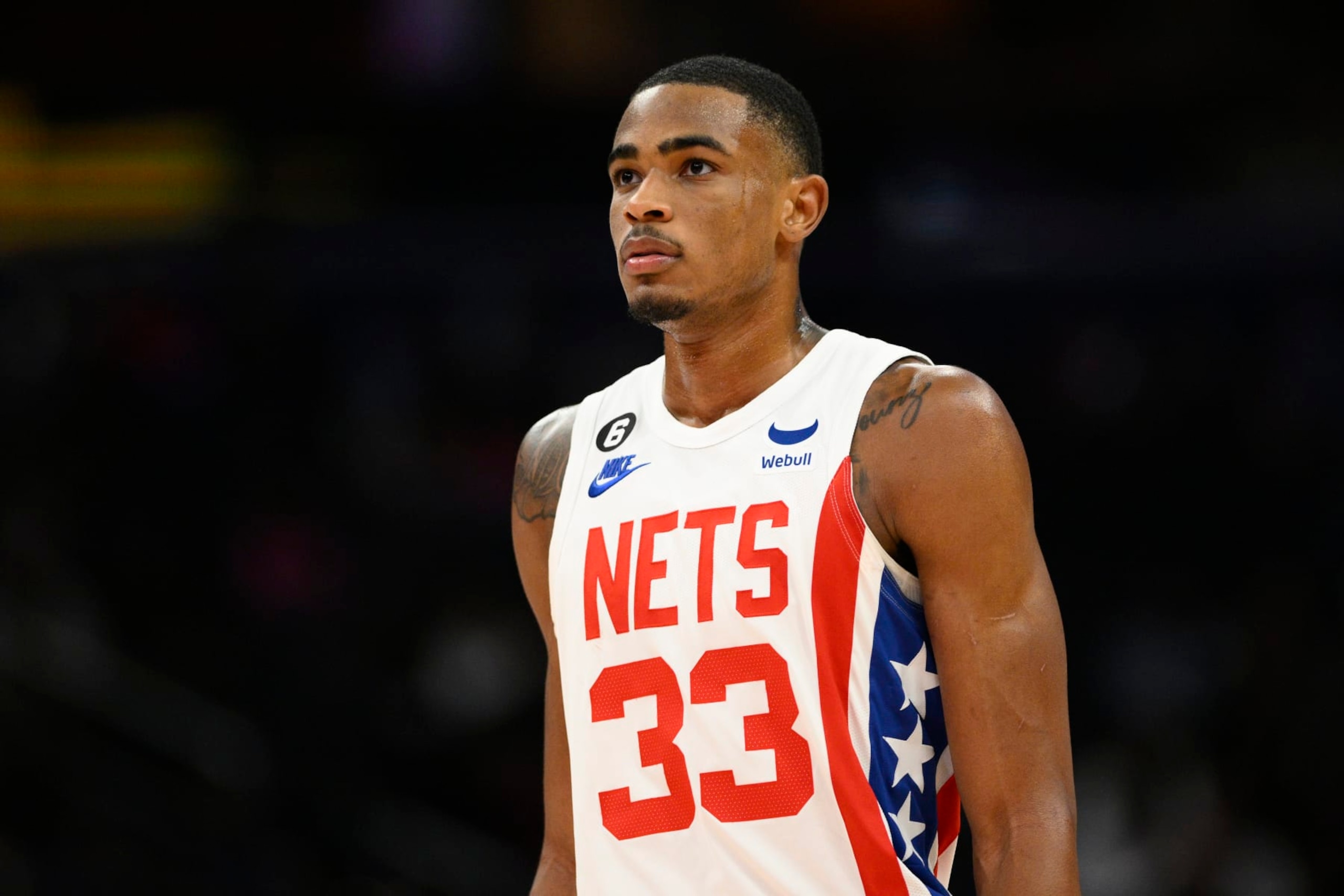Brooklyn Nets center Nic Claxton (33) looks on during the second half of an NBA basketball game against the Washington Wizards, Monday, Dec. 12, 2022, in Washington. (AP Photo/Nick Wass)