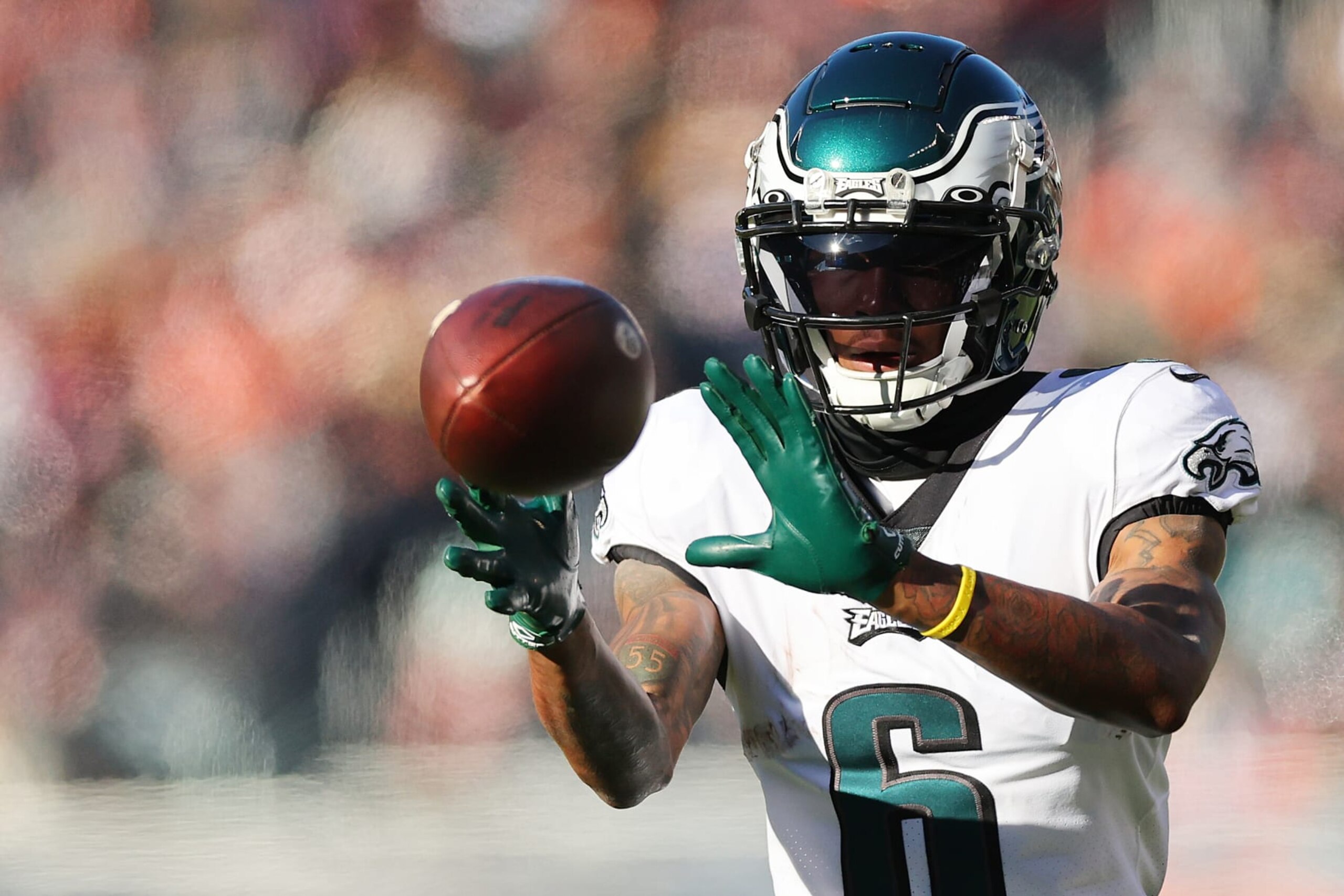 CHICAGO, ILLINOIS - DECEMBER 18: DeVonta Smith #6 of the Philadelphia Eagles warms up against the Chicago Bears at Soldier Field on December 18, 2022 in Chicago, Illinois. (Photo by Michael Reaves/Getty Images)