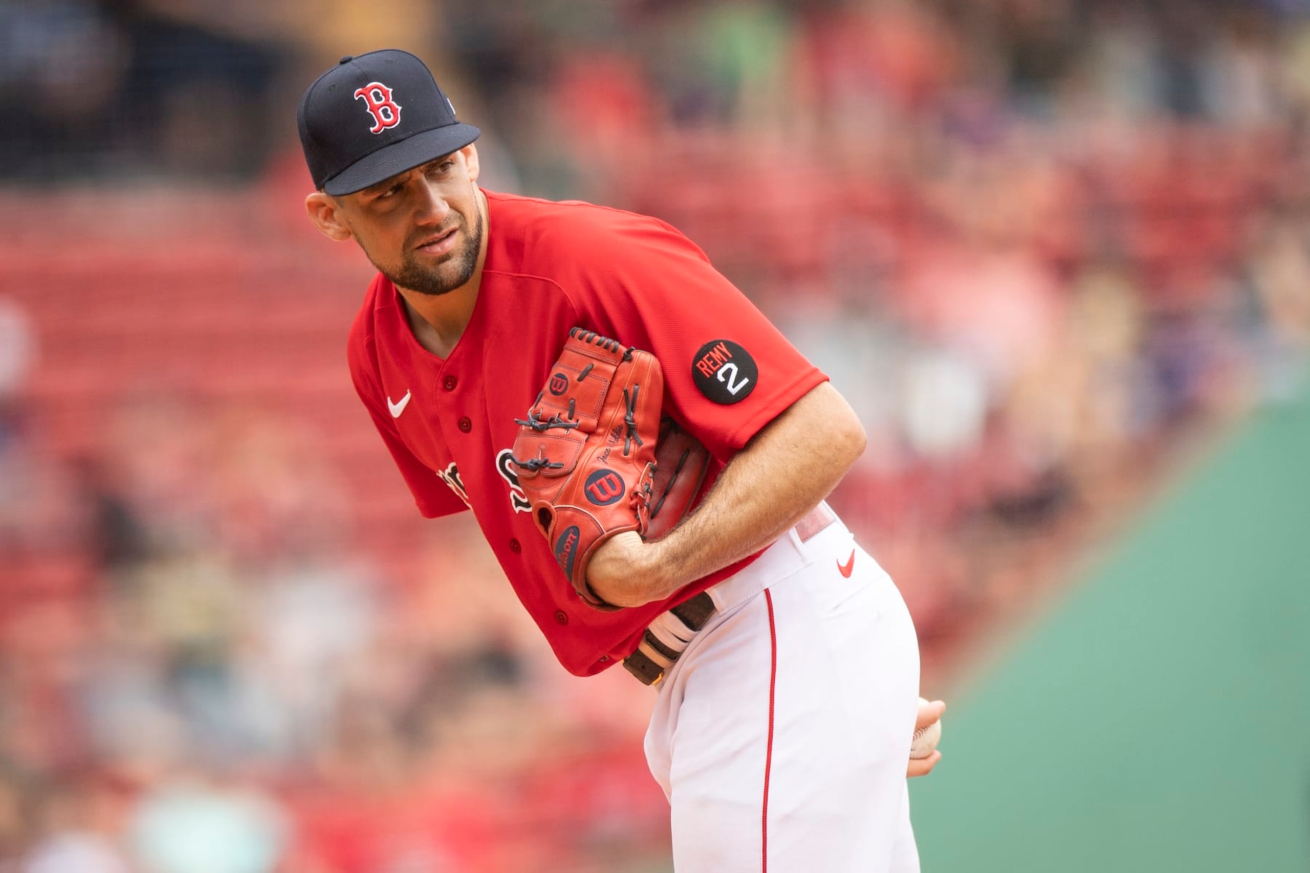 BOSTON, MA - MAY 28: Nathan Eovaldi #17 of the Boston Red Sox delivers during the first inning of a game against the Baltimore Orioles on May 28, 2022 at Fenway Park in Boston, Massachusetts. (Photo by Maddie Malhotra/Boston Red Sox/Getty Images)