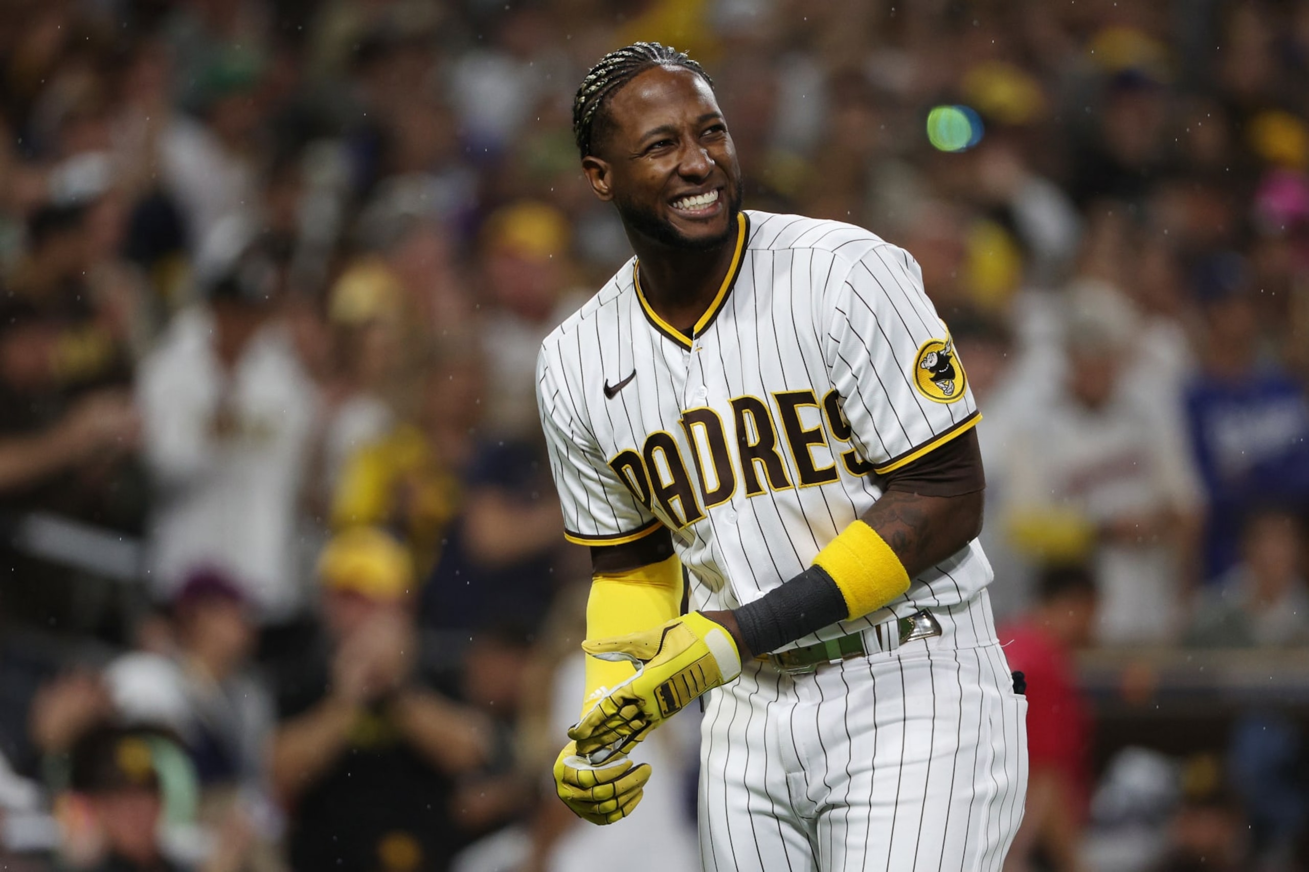 SAN DIEGO, CALIFORNIA - OCTOBER 15: Jurickson Profar #10 of the San Diego Padres celebrates during the seventh inning against the Los Angeles Dodgers in game four of the National League Division Series at PETCO Park on October 15, 2022 in San Diego, California. (Photo by Harry How/Getty Images)
